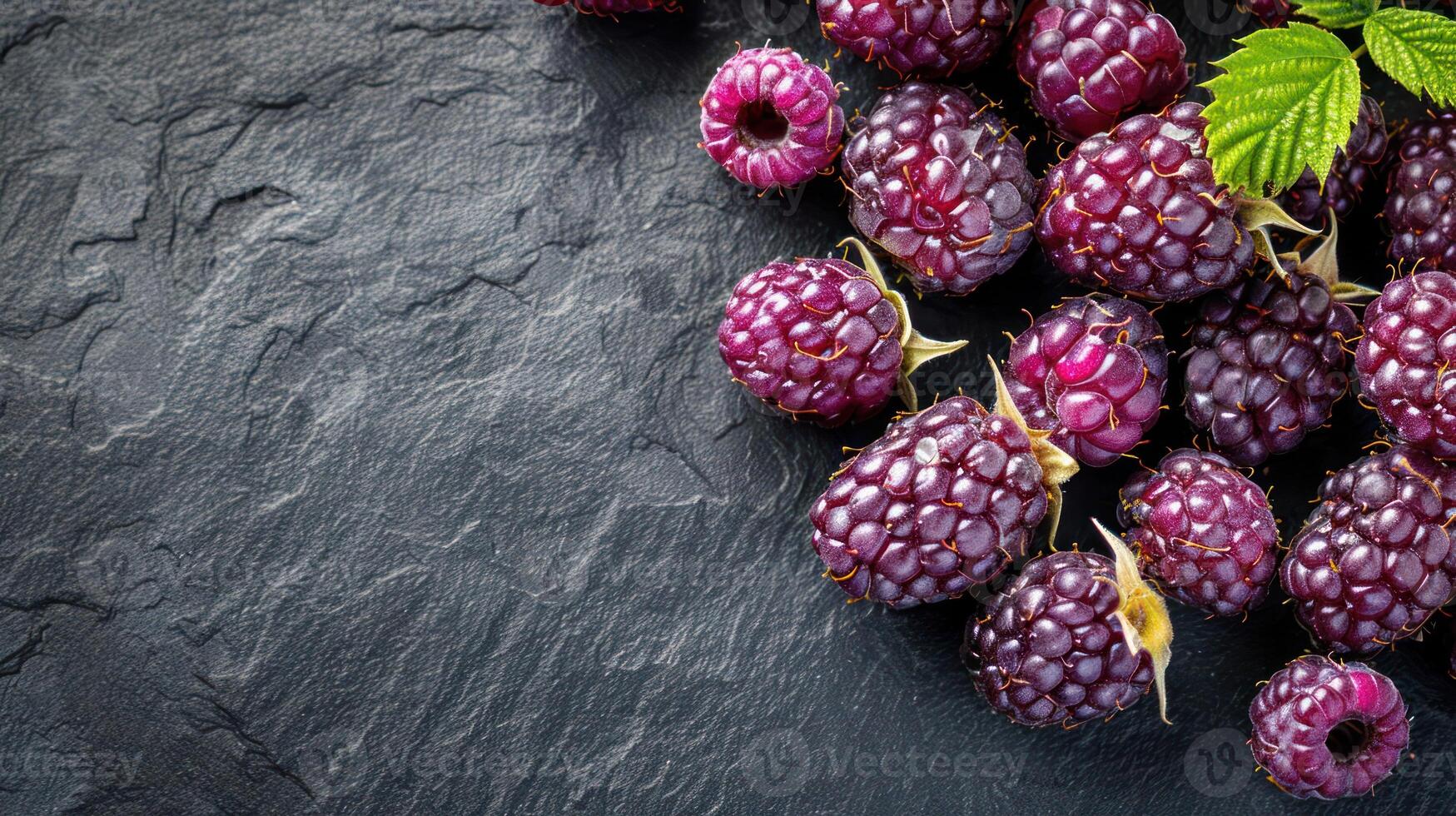 A close-up of fresh blackberries on a dark stone surface, showcasing their texture and color. photo