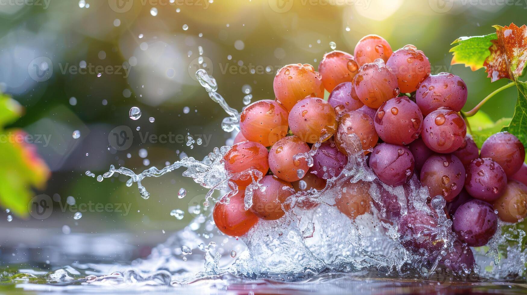 A cluster of grapes splashes into water, capturing freshness and vitality. photo