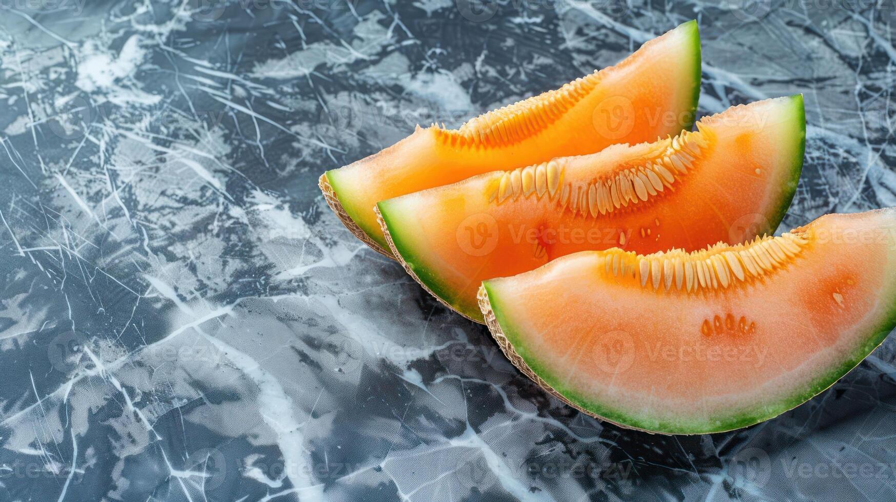 Three slices of cantaloupe on a marble surface, showcasing vibrant colors and textures. photo