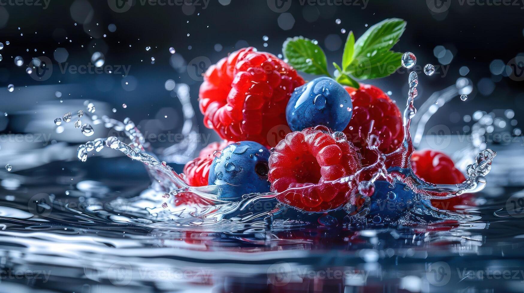 Fresh raspberries and blueberries splashing in water, showcasing vibrant colors and freshness. photo