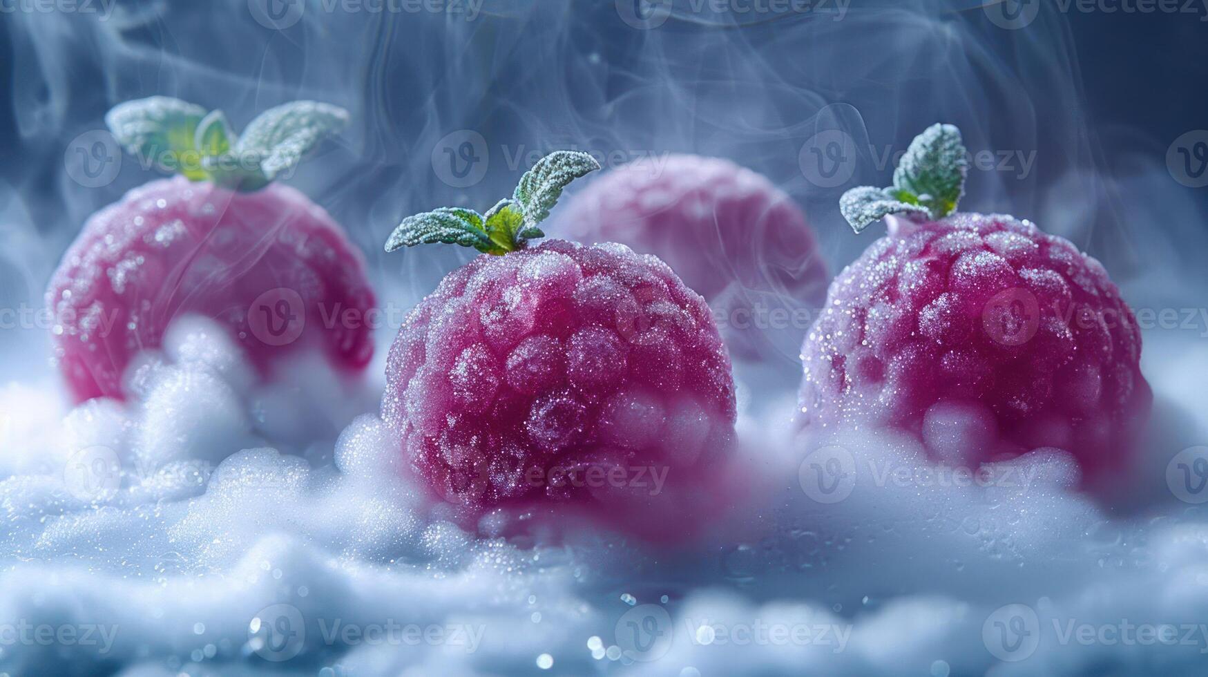 Frosted raspberries with mint leaves surrounded by mist create a refreshing and appealing image. photo