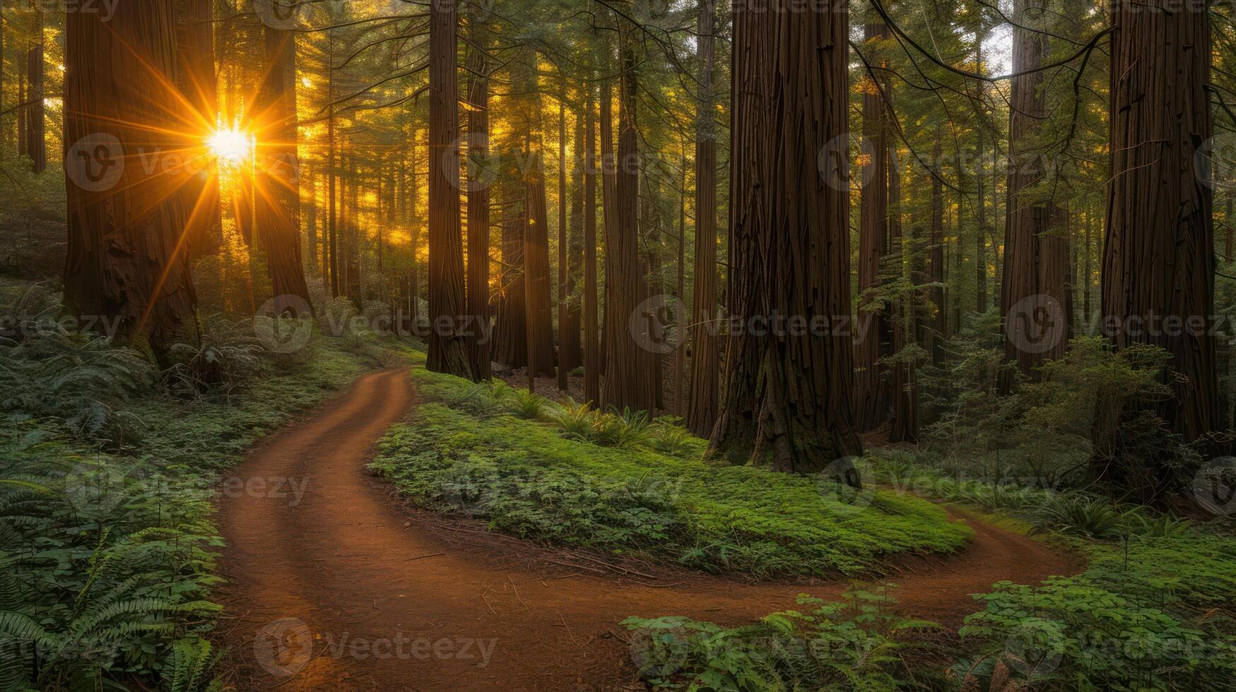 A winding path through a lush forest at sunset, highlighting nature's beauty. photo