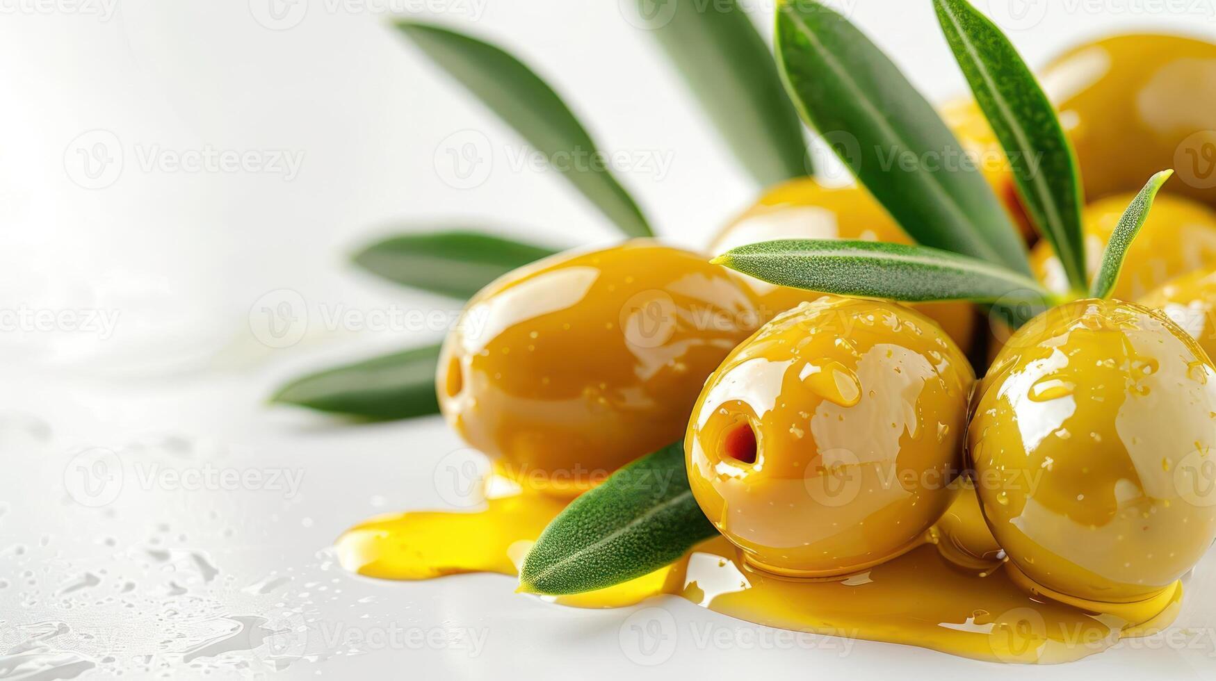 Fresh yellow olives with olive leaves and oil on a white surface. photo