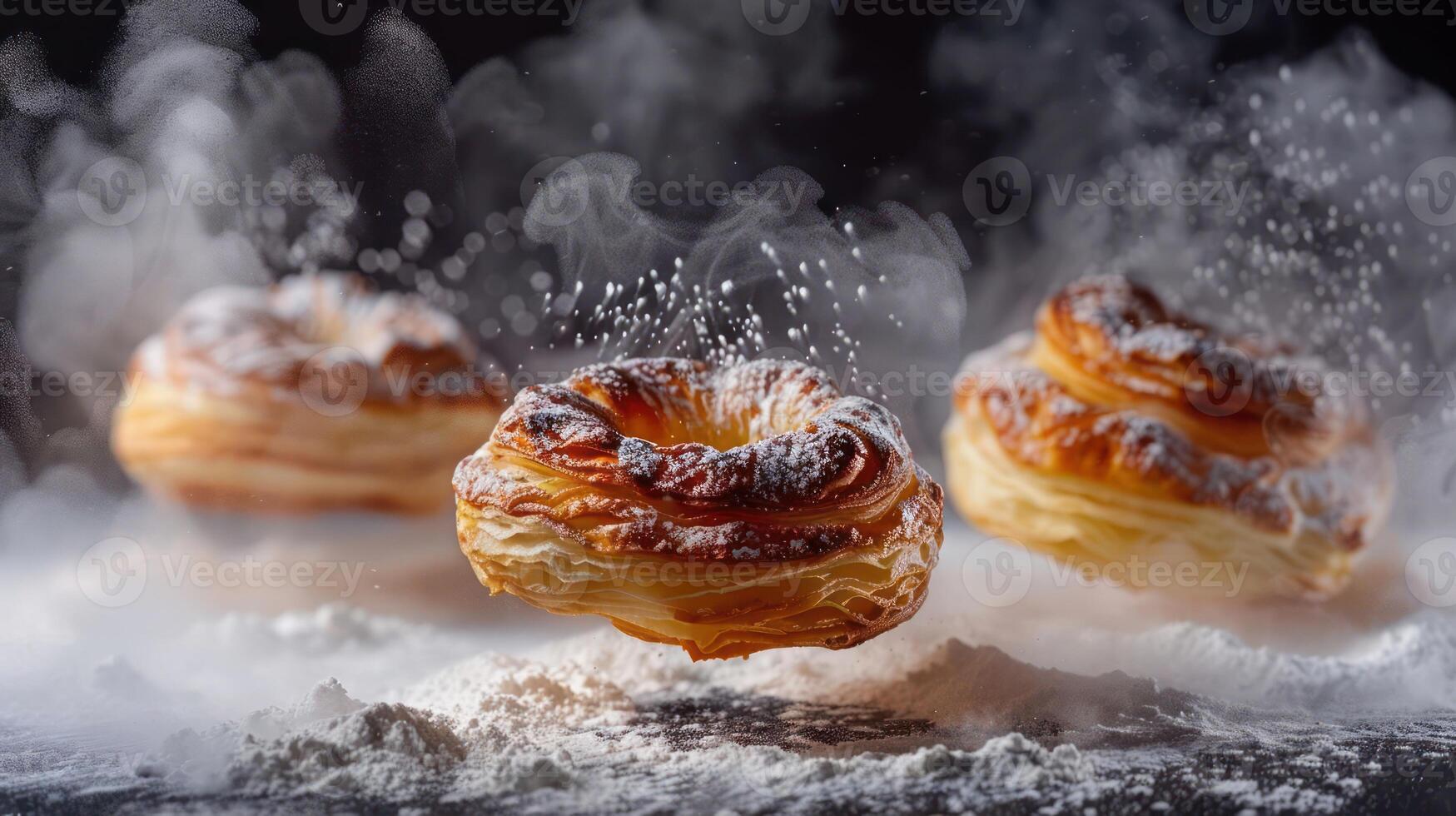 Three floating pastries dusted with powdered sugar in a misty, flour-filled setting. photo
