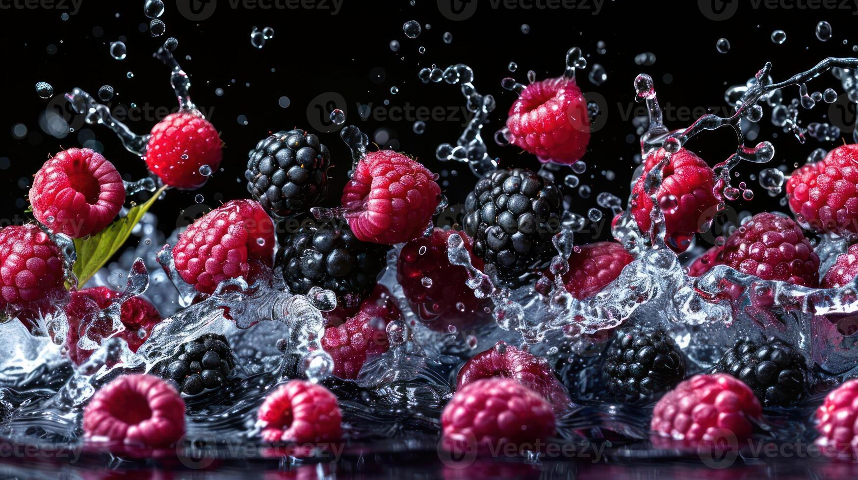A dynamic splash of raspberries and blackberries in water, showcasing freshness and vitality. photo