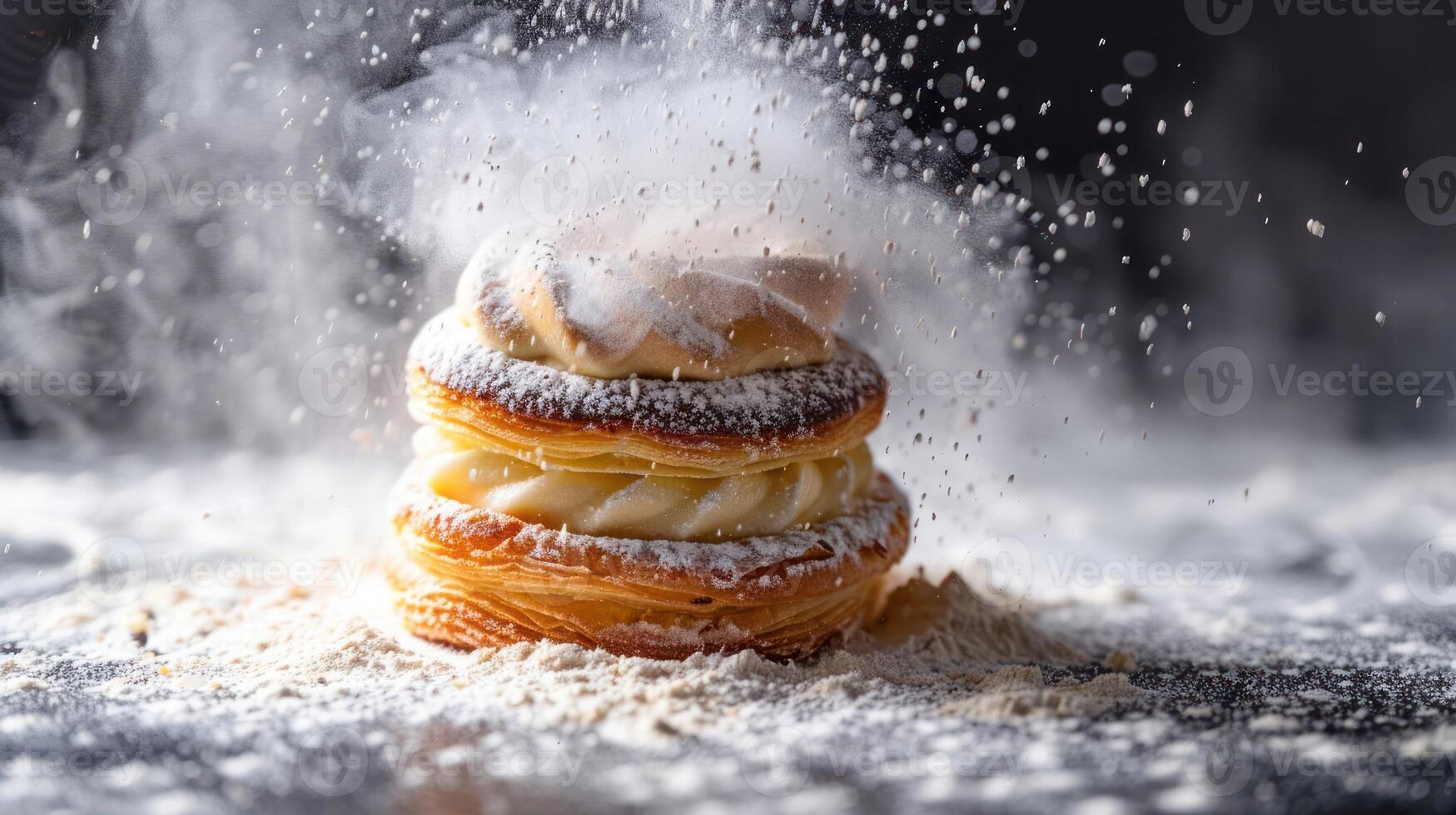 A delicious pastry dusted with flour, showcasing a culinary creation with a cloud of sugar. photo