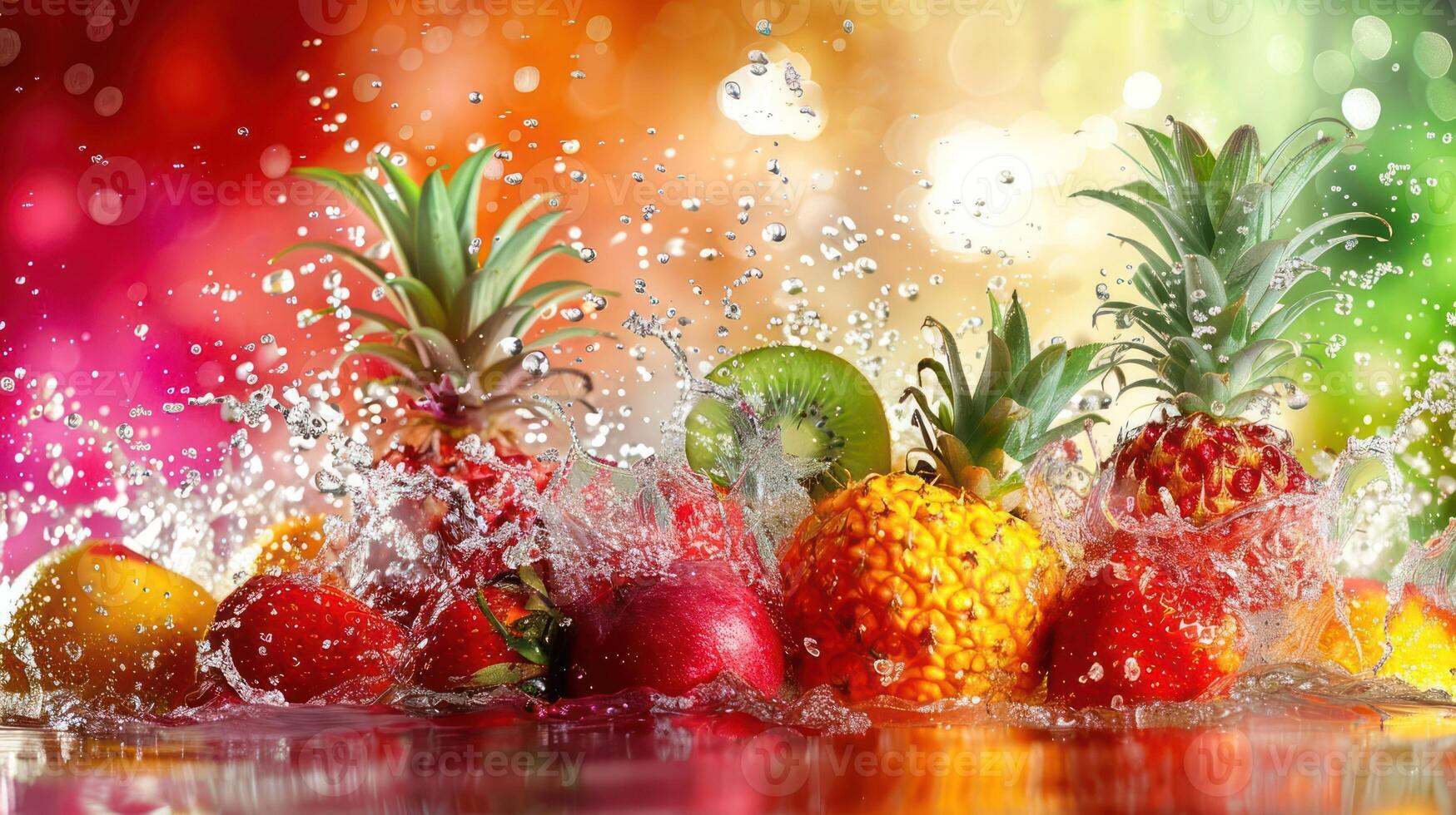 A vibrant splash of assorted fruits in water, showcasing freshness and color. photo