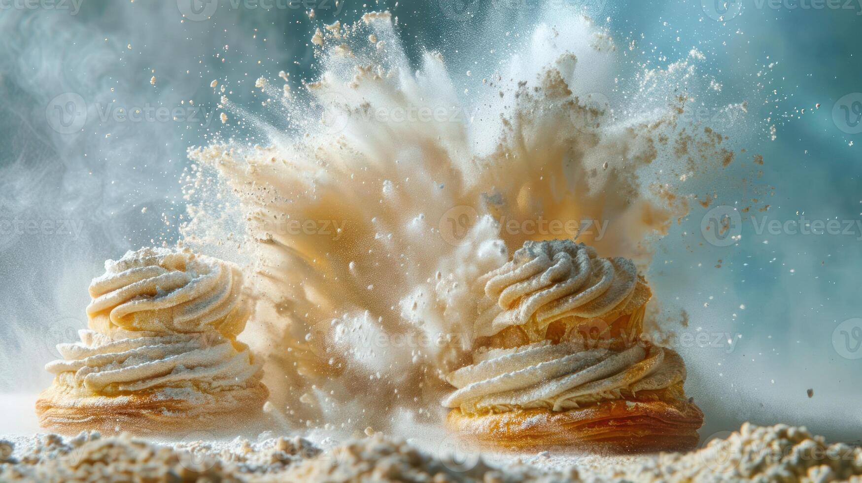 A dramatic explosion of flour surrounding two cream-filled pastries, creating a dynamic scene. photo