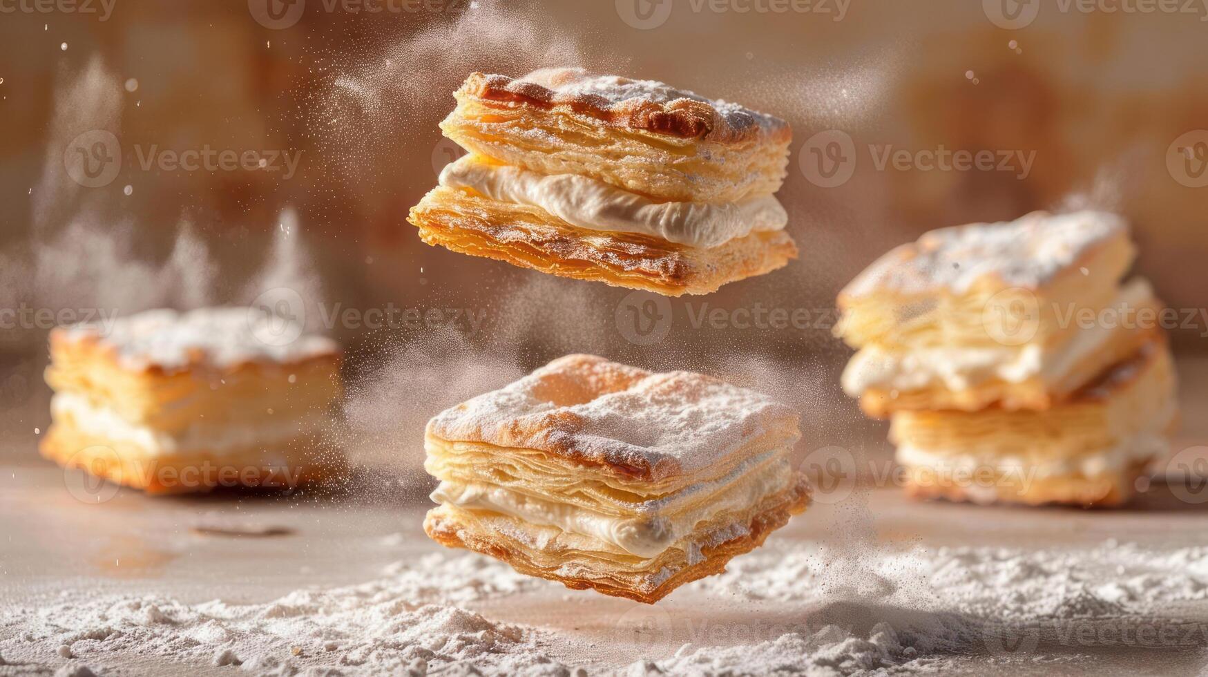 A floating pastry layered with cream and dusted with powdered sugar, showcasing culinary artistry. photo