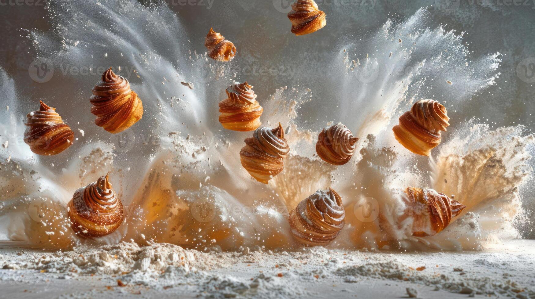 A dynamic splash of frosting swirls amidst a flour explosion, highlighting dessert artistry. photo