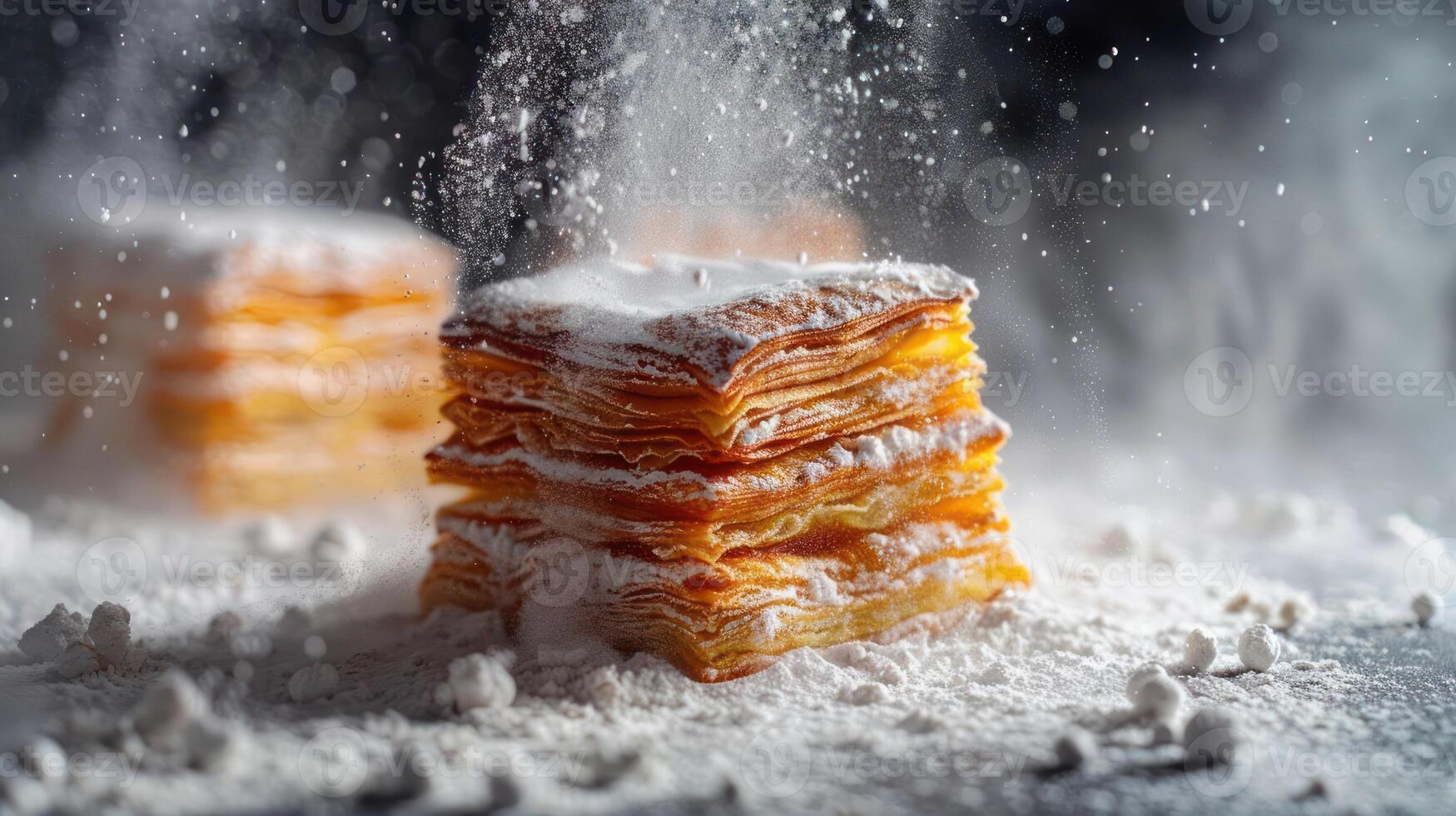 A close-up of layered pastry dusted with powdered sugar, evoking a sense of indulgence. photo