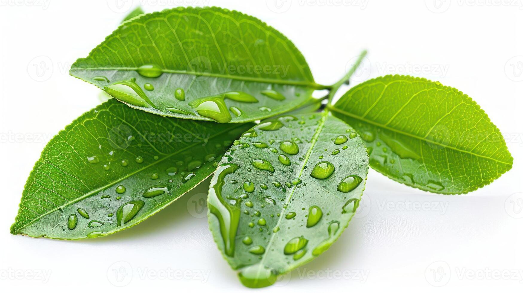 Fresh green leaves with water droplets on a white background. photo