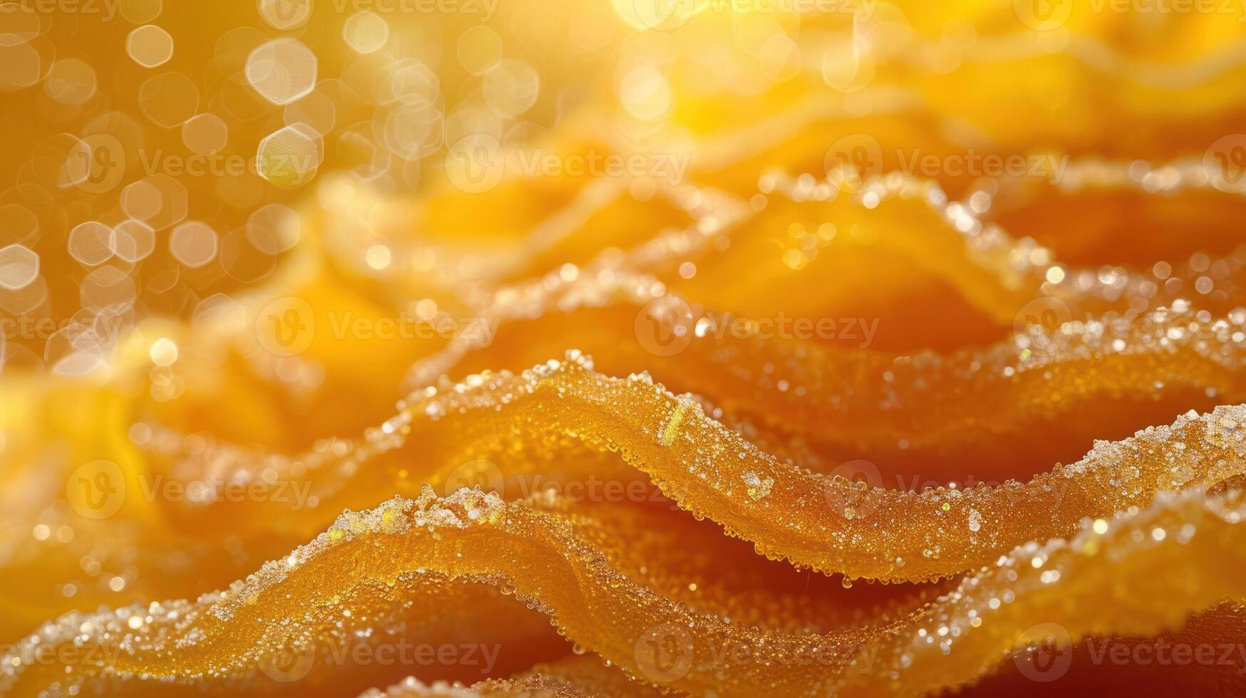 Close-up of textured, golden honeycomb with a sparkling sugar coating. photo