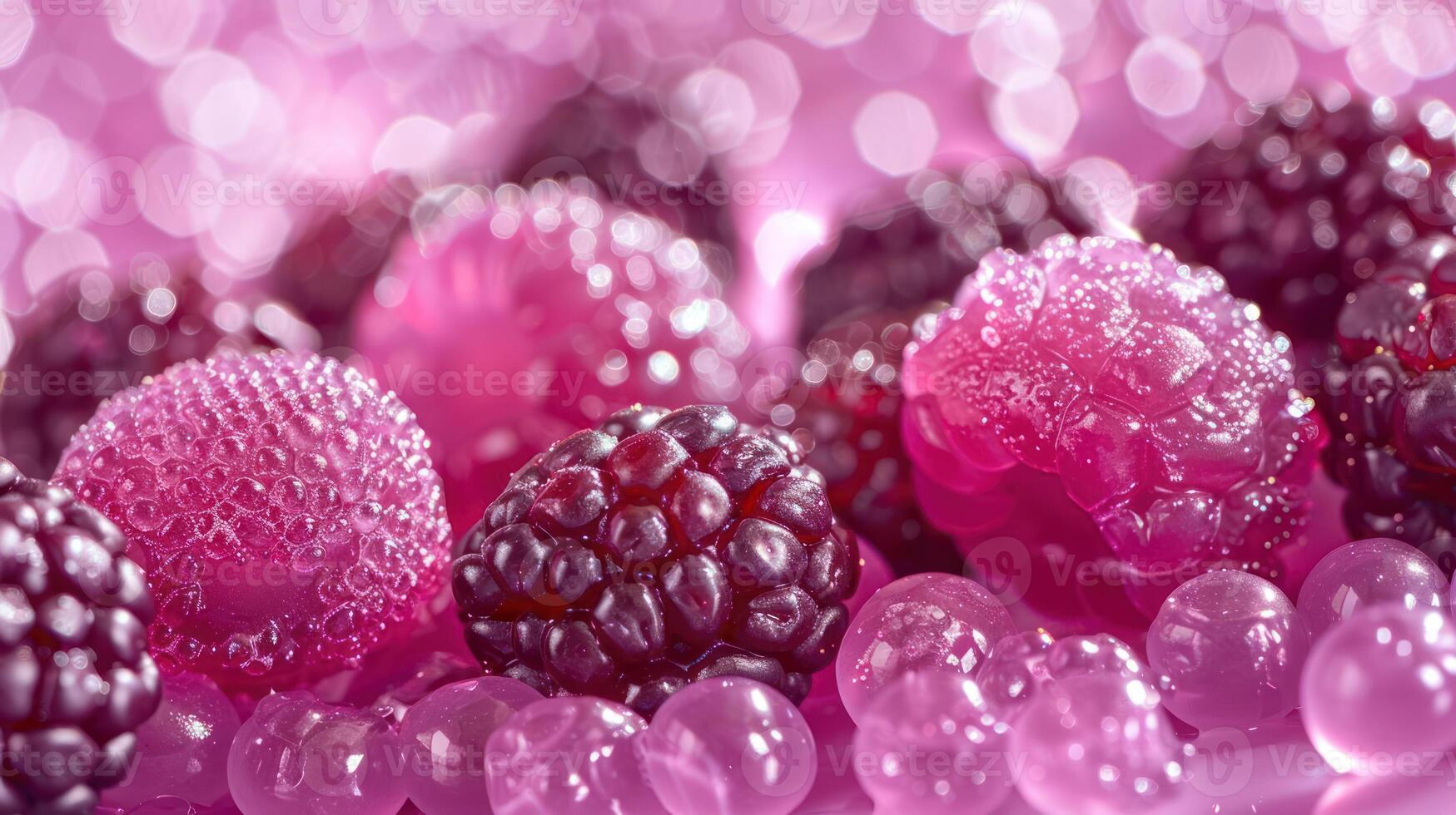 A close-up of vibrant raspberries with a soft, bokeh background in shades of pink. photo