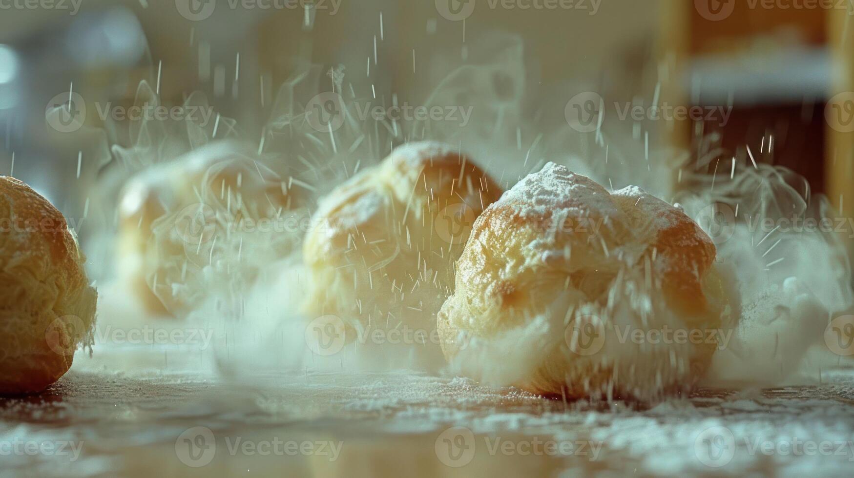 Fluffy pastries dusted with powdered sugar, creating a whimsical, inviting scene. photo