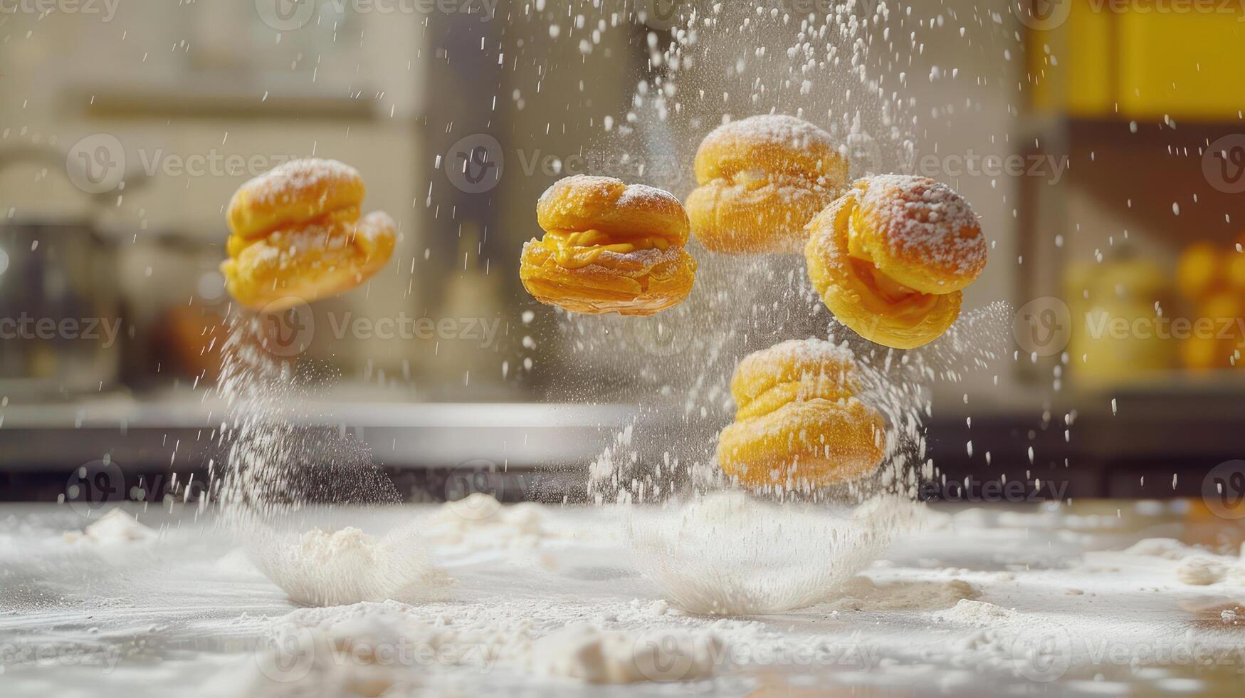 Floating pastries dusted with powdered sugar create a whimsical kitchen scene. photo