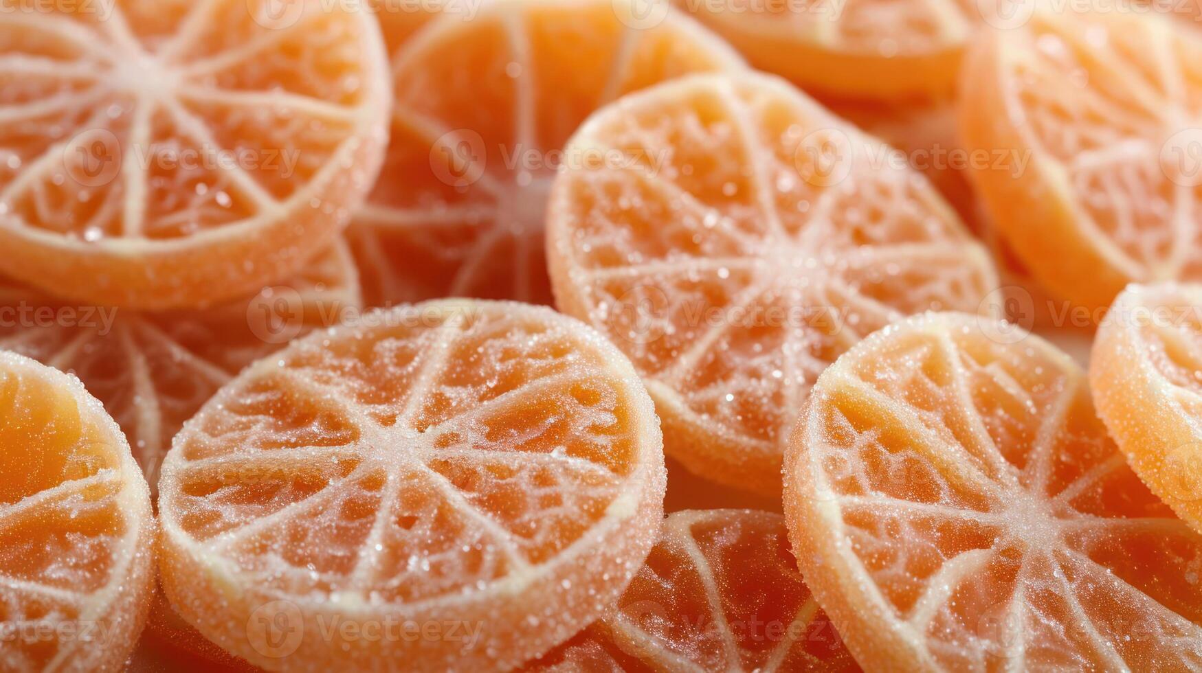 A close-up of sugary orange fruit slices, showcasing their vibrant color and texture. photo