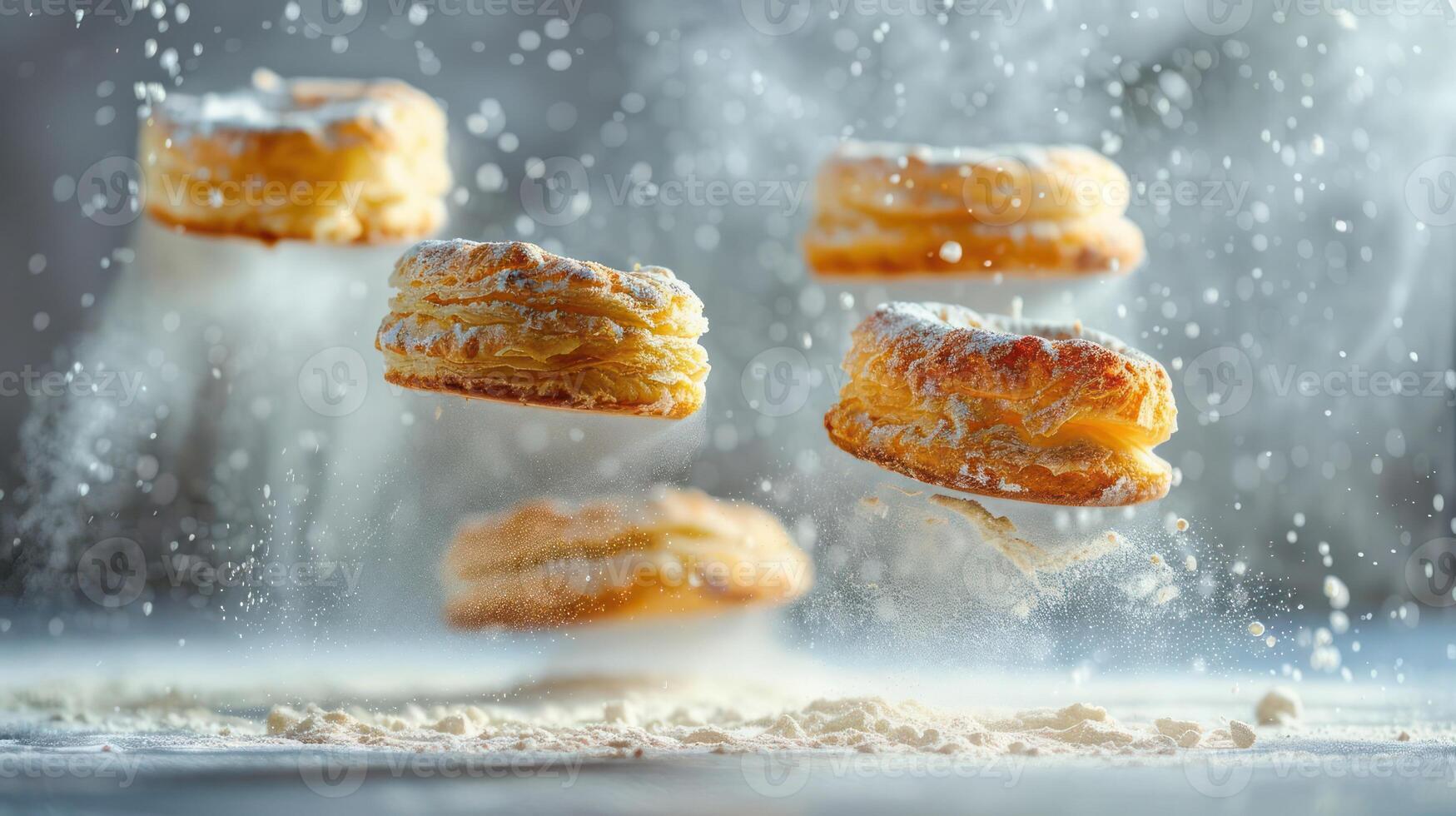 Floating pastries dusted with powdered sugar amidst a cloud of flour. photo