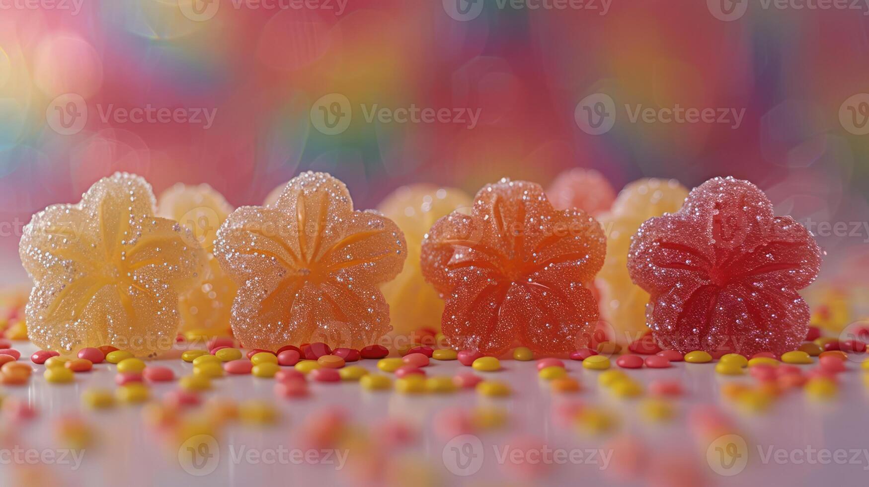 Colorful gummy candies shaped like flowers, surrounded by vibrant sprinkles. photo