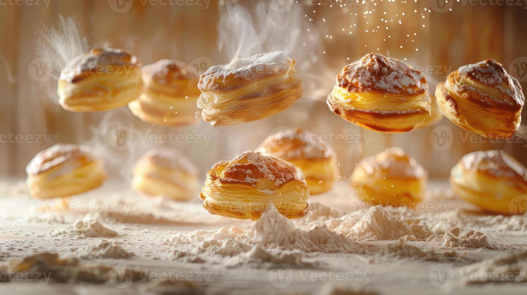 A dynamic display of pastries floating with powdered sugar and flour, showcasing culinary art. photo