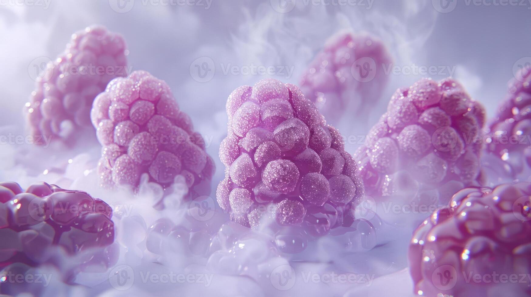 A close-up of stylized raspberries surrounded by mist, showcasing texture and color. photo