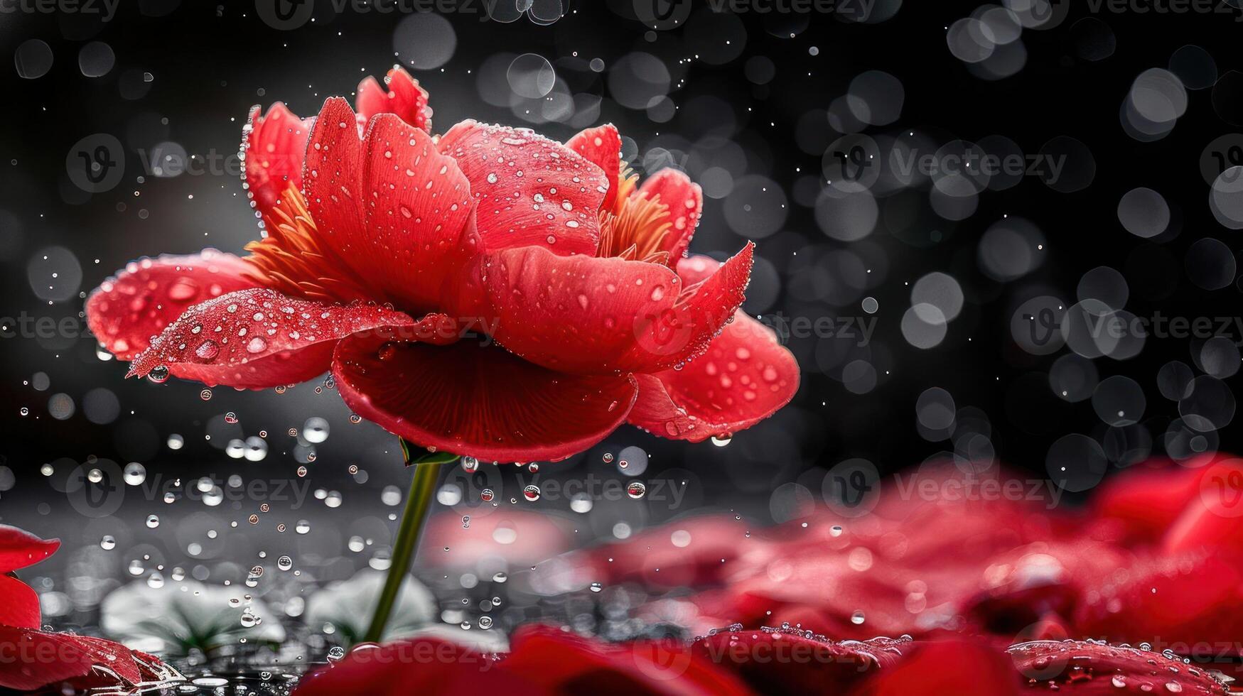 A vibrant red flower surrounded by water droplets, creating a serene and refreshing atmosphere. photo