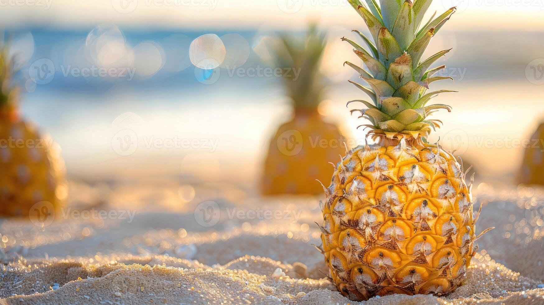A close-up of a pineapple on sandy beach with blurred ocean background. photo