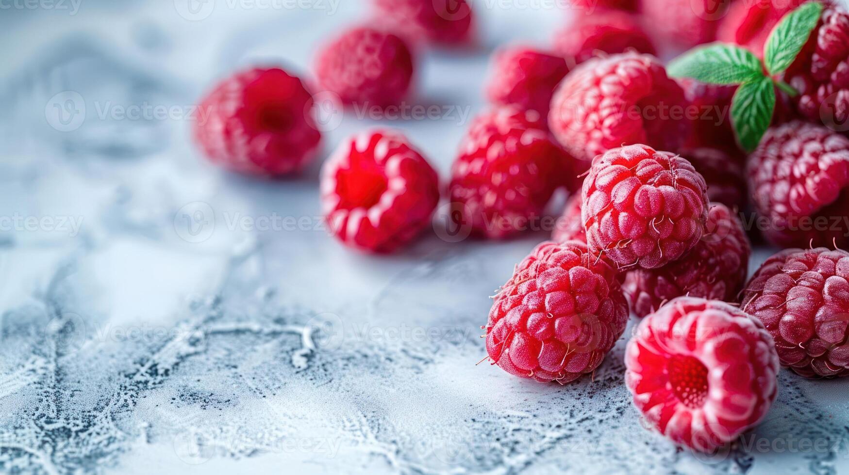 A close-up of fresh raspberries on a textured surface, showcasing their vibrant color and texture. photo