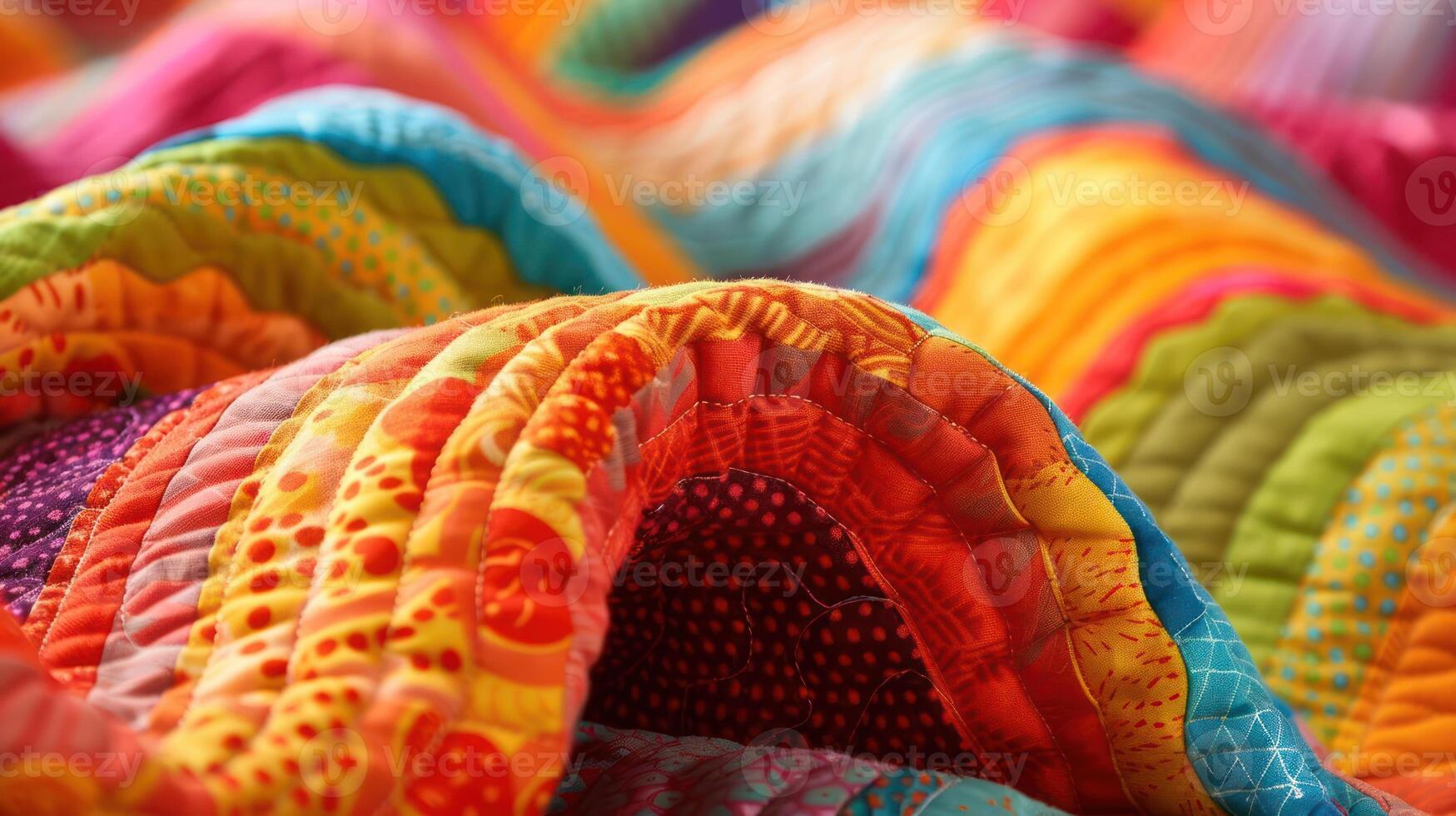 A colorful quilt showcasing vibrant patterns and textures, emphasizing craftsmanship and warmth. photo