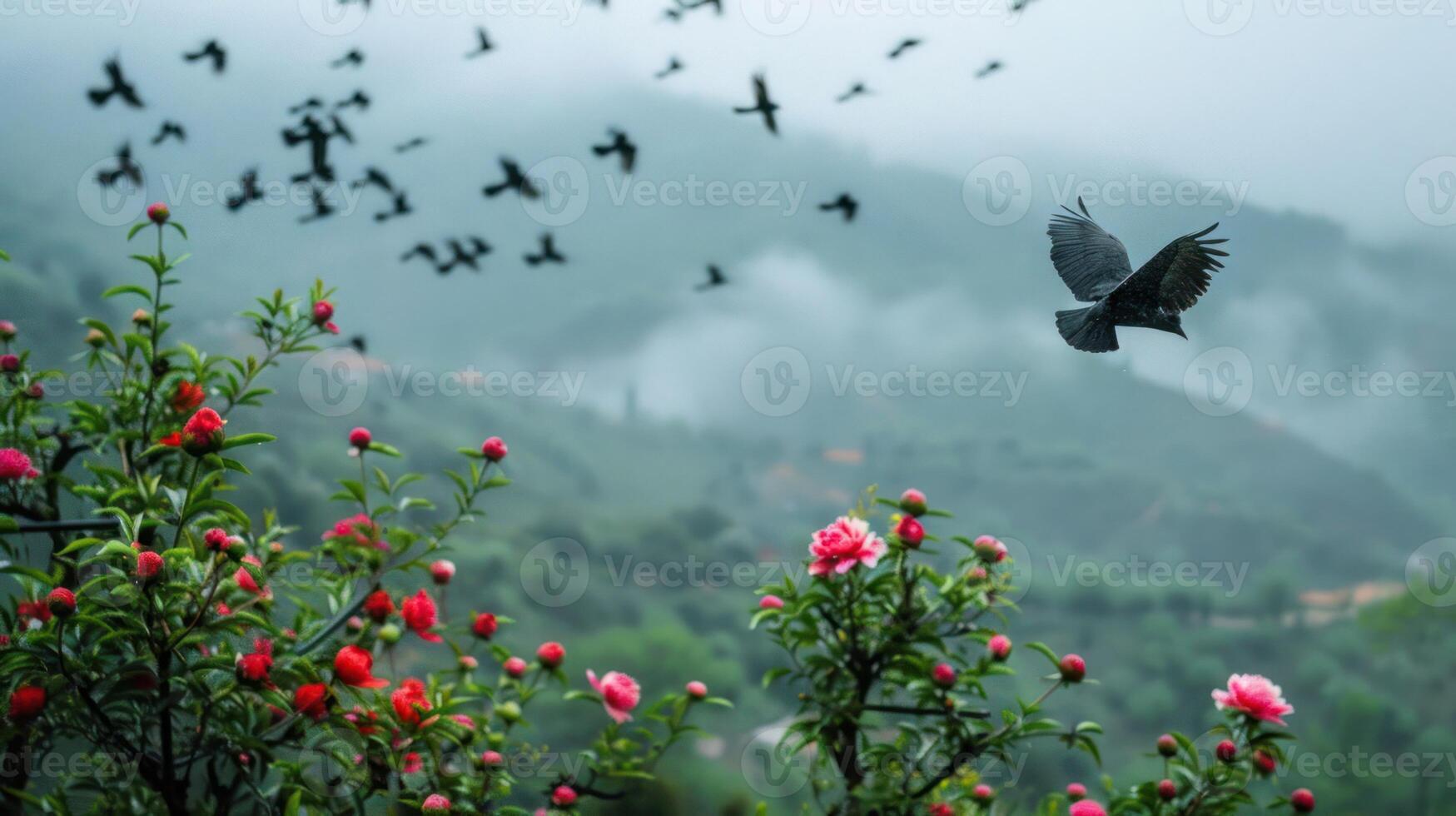 A serene landscape featuring birds in flight amidst blooming flowers and misty hills. photo