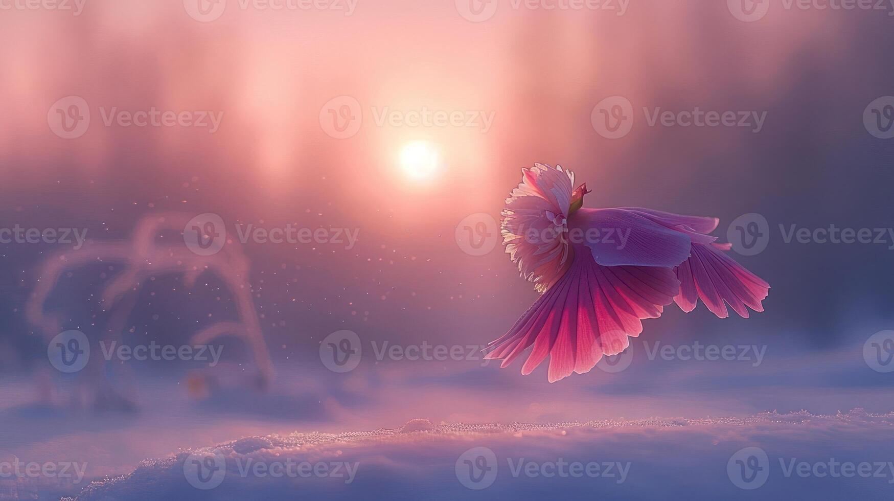 A delicate flower emerges in a snowy landscape at sunset, symbolizing resilience and beauty. photo