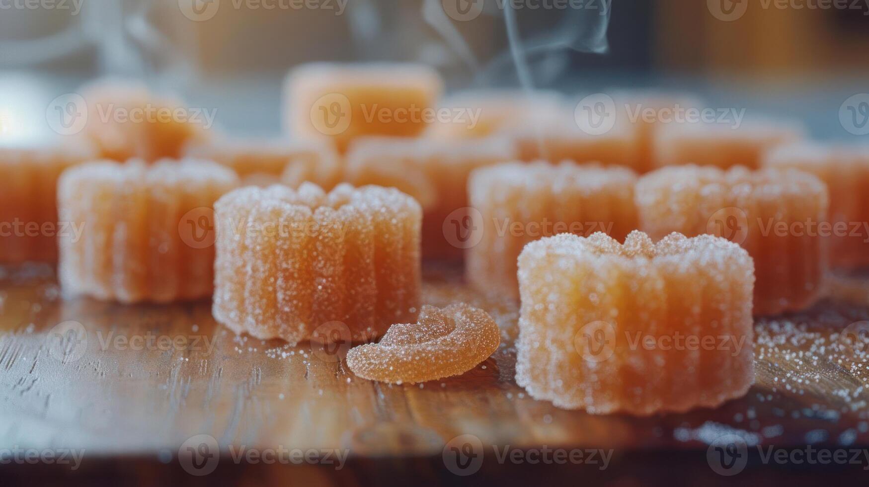A close-up of colorful, sugary confections arranged on a wooden surface, emitting steam. photo