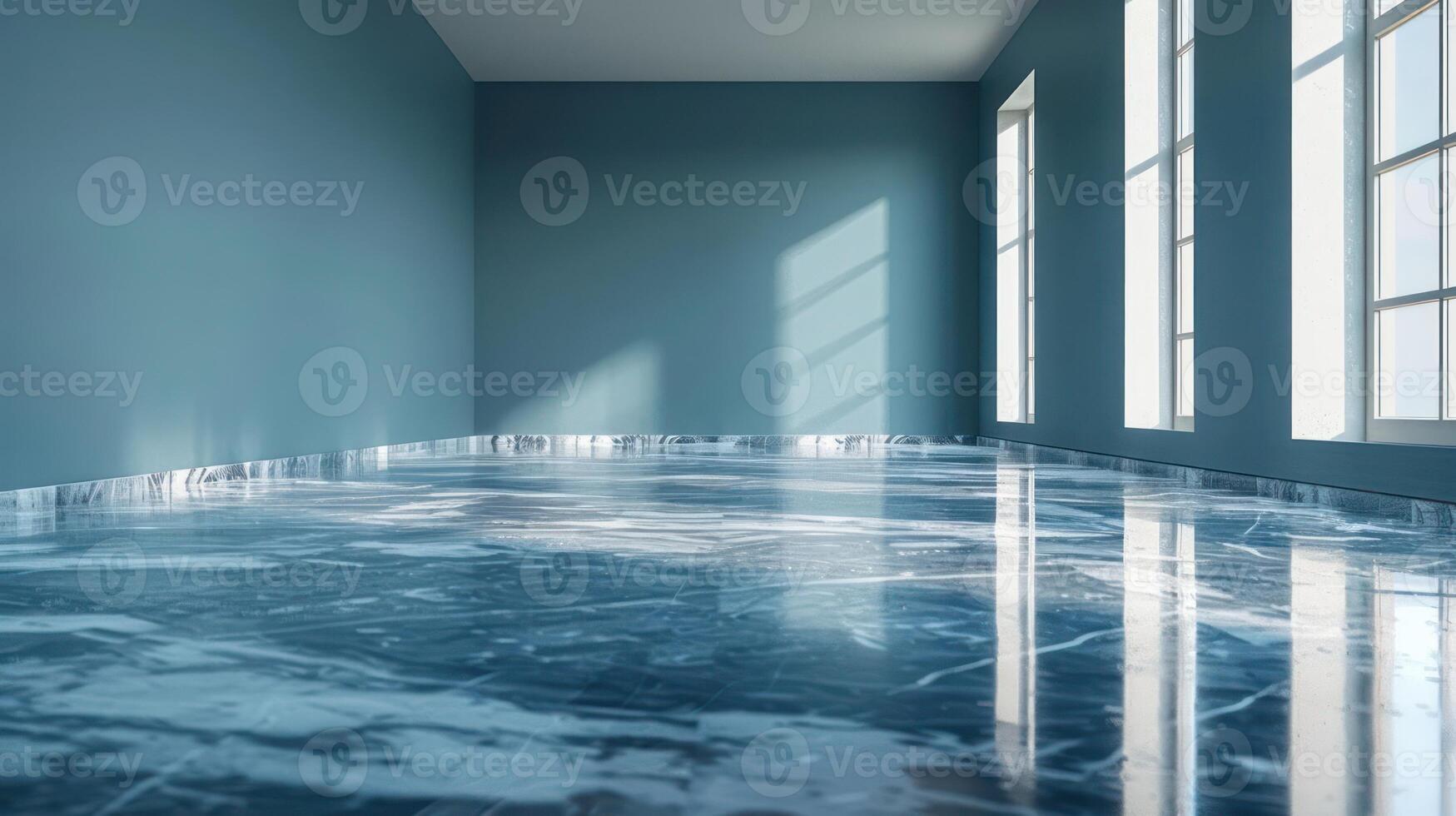A serene room with a reflective icy floor and large windows letting in natural light. photo