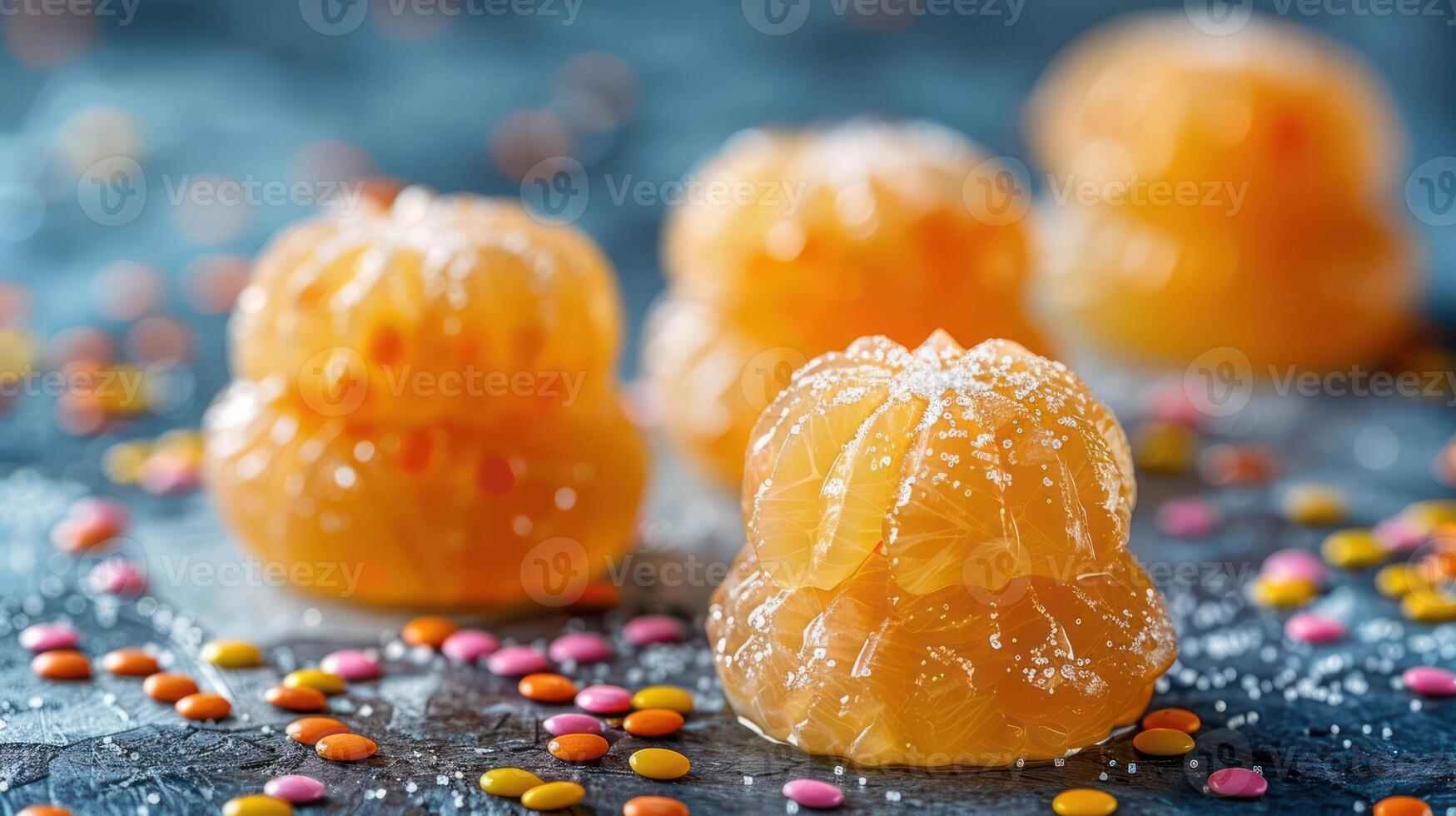 Colorful jelly desserts sprinkled with candy on a textured surface. photo