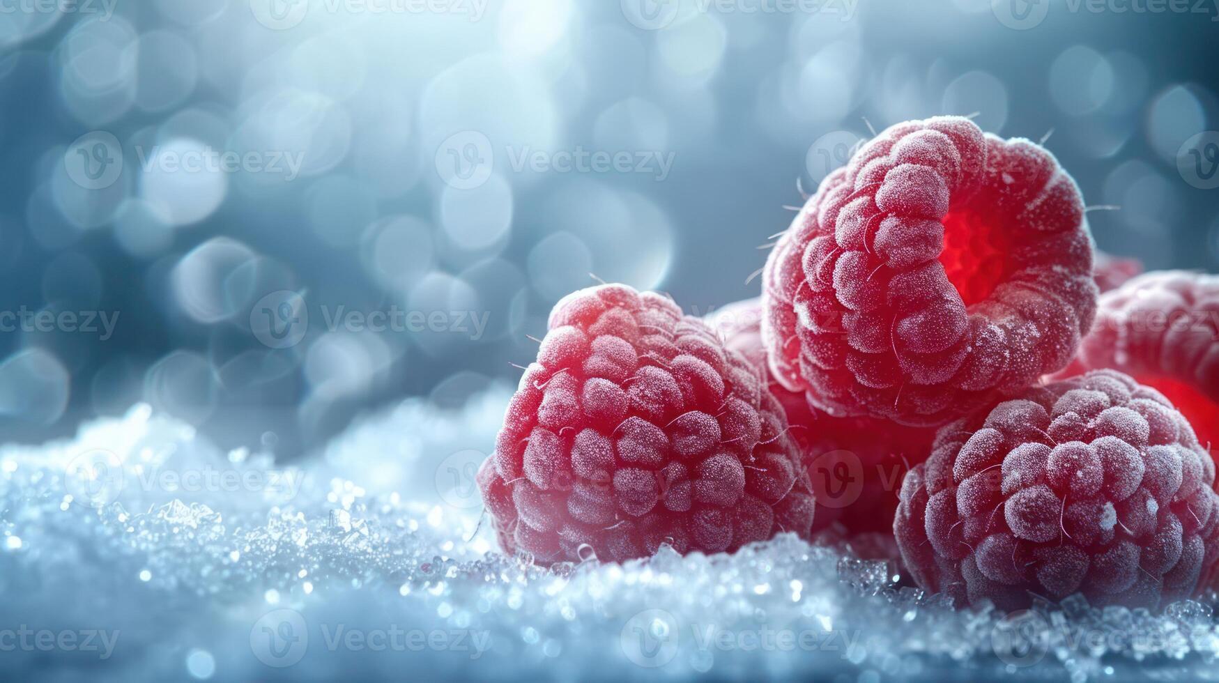 A close-up of fresh raspberries on a snowy surface with a soft, blurred background. photo