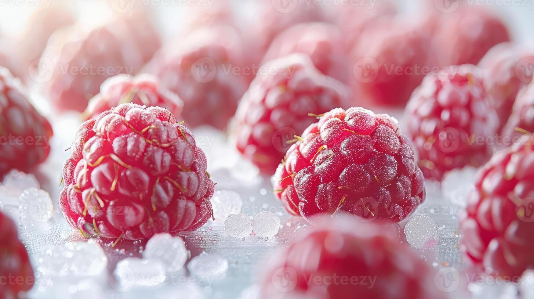 A close-up of fresh raspberries sprinkled with sugar on a light surface. photo