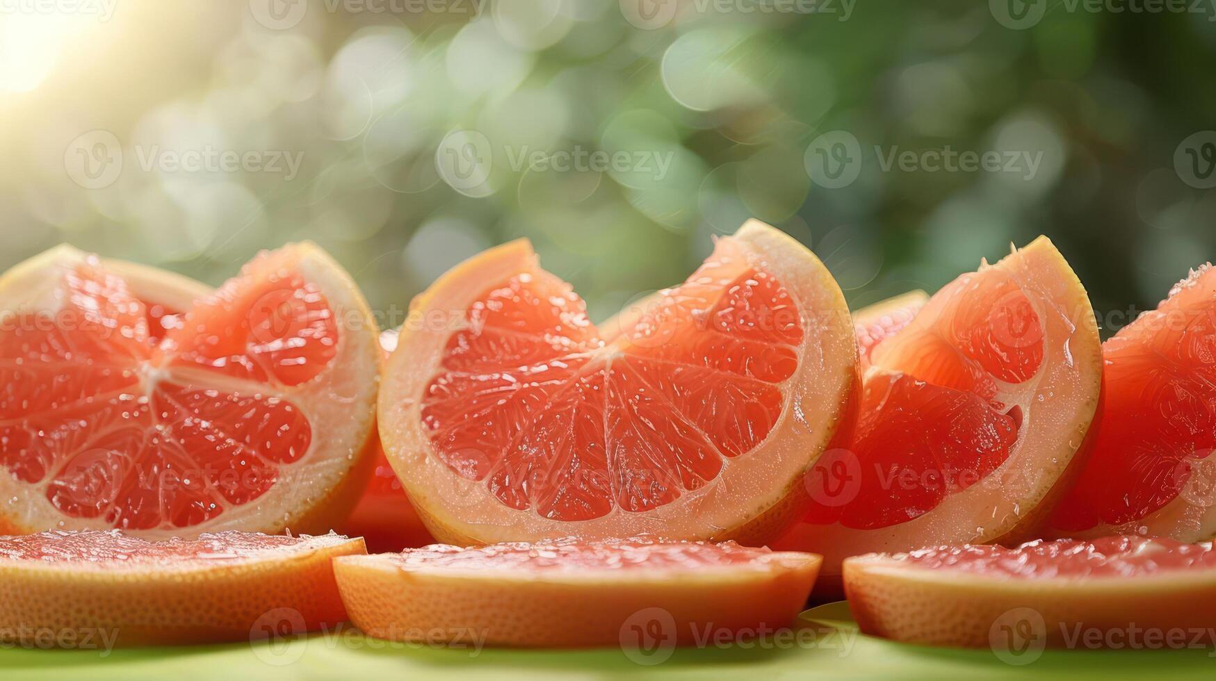 Freshly sliced grapefruit arranged artistically with a soft background. photo