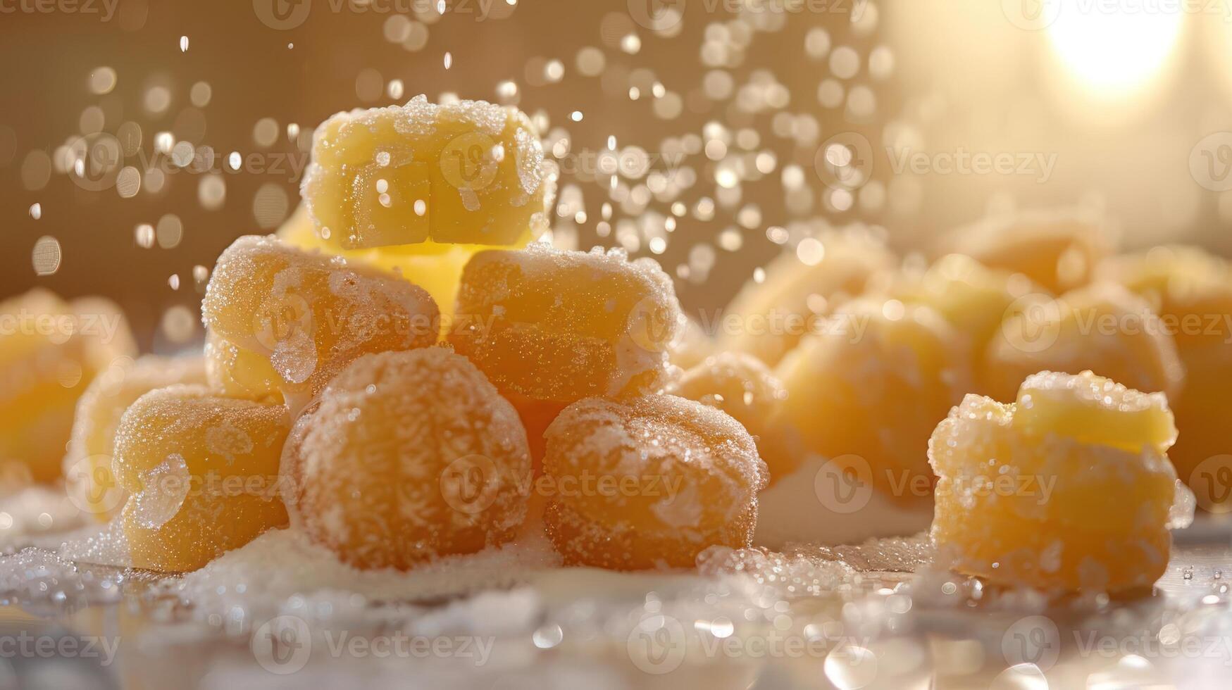 A close-up of sugary, yellow desserts arranged in a pyramid, with sugar sprinkling over them. photo