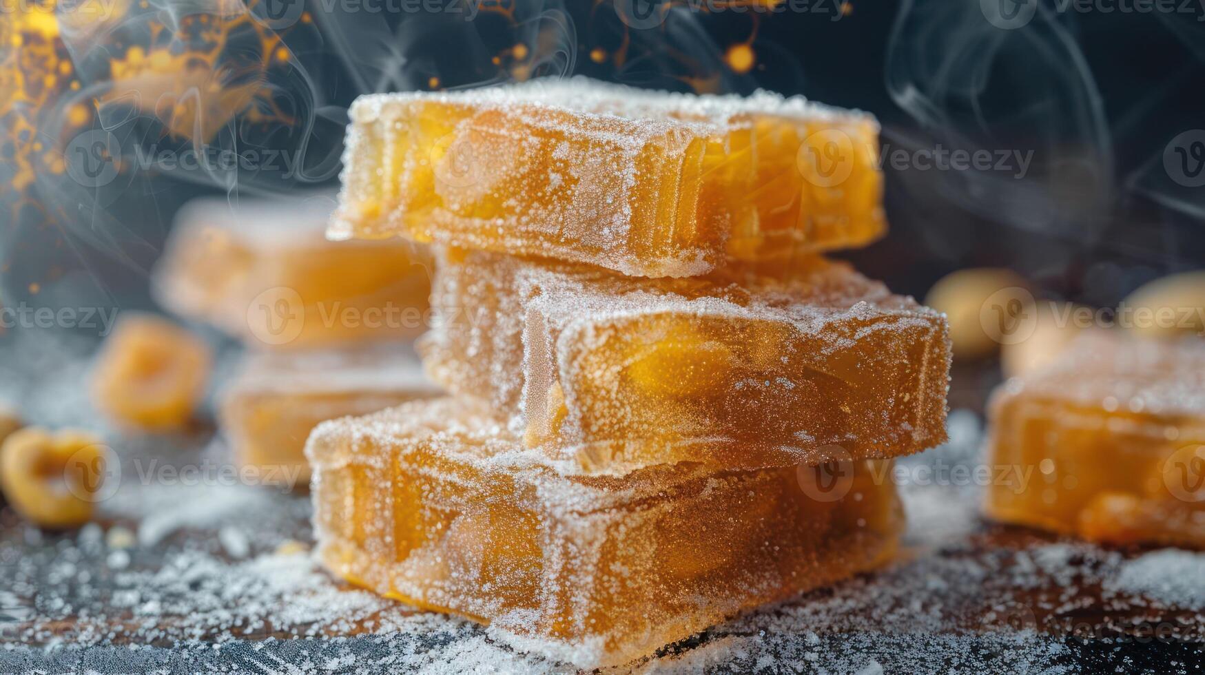 A close-up of stacked, sugary confections with a glossy finish and a dusting of powdered sugar. photo
