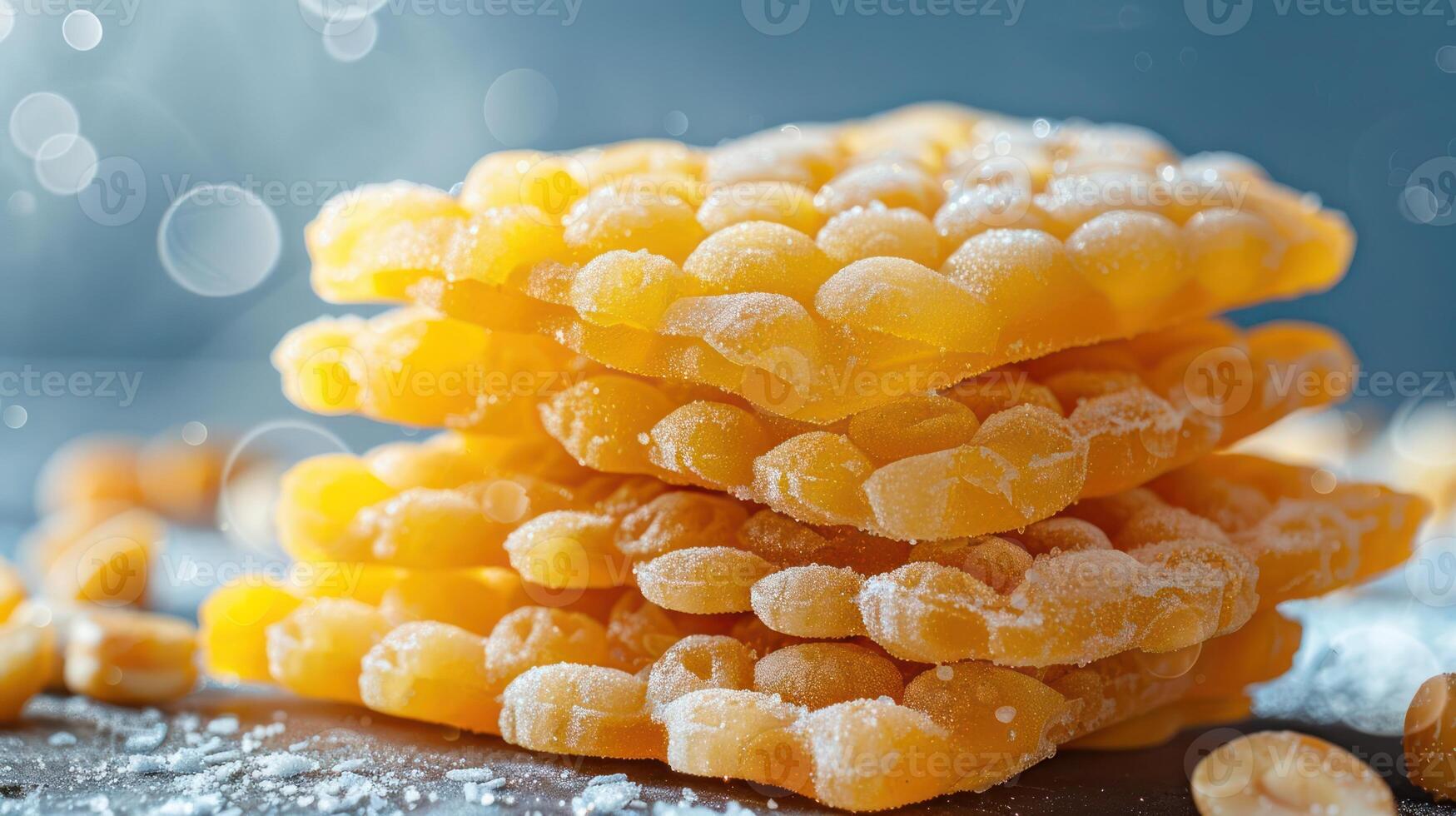 A close-up of stacked yellow snacks dusted with sugar, showcasing their texture and appeal. photo