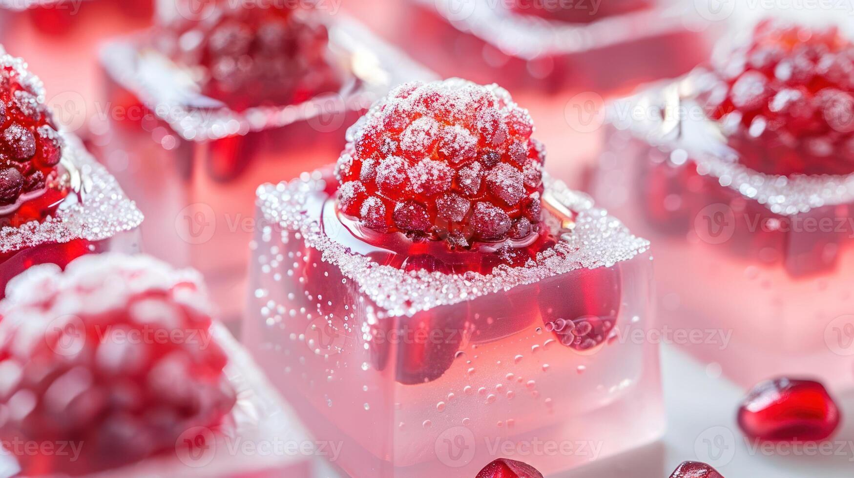 Colorful raspberry jelly cubes adorned with fresh raspberries and bubbles. photo