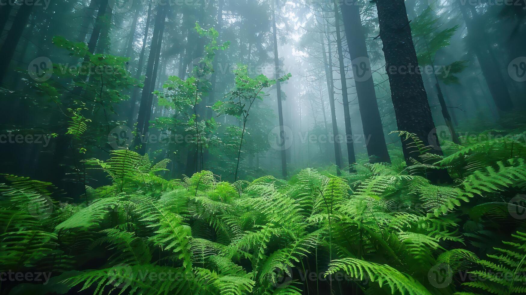 A misty forest scene with lush ferns and towering trees, evoking tranquility and nature's beauty. photo