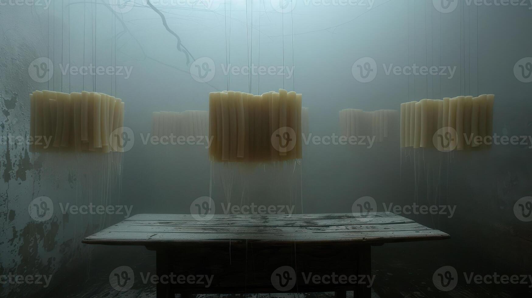 A dimly lit room with suspended wax-like structures above a rustic wooden table. photo