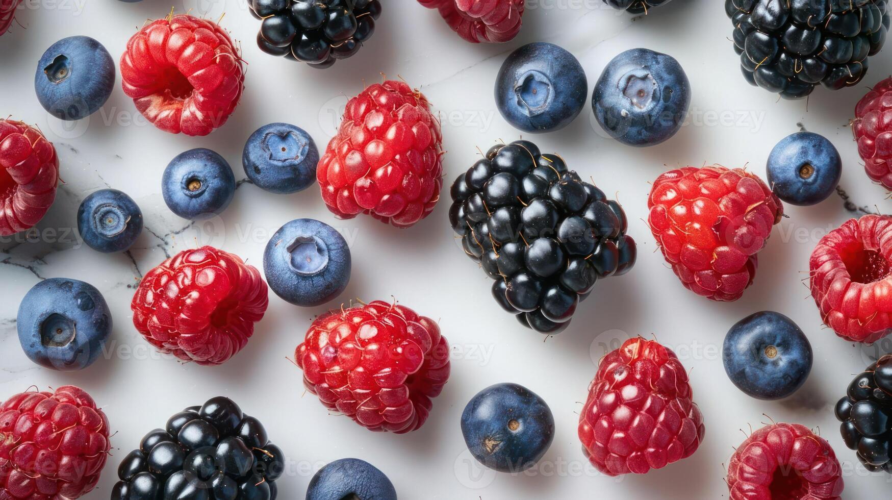 A vibrant assortment of fresh berries arranged on a surface. photo