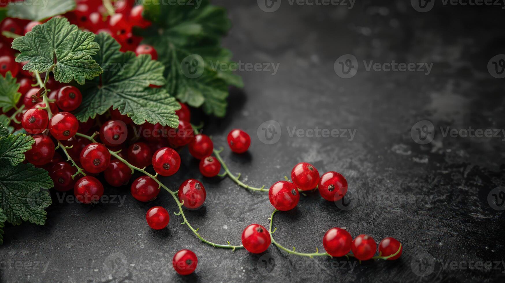 A close-up of fresh red currants with green leaves on a dark textured surface. photo