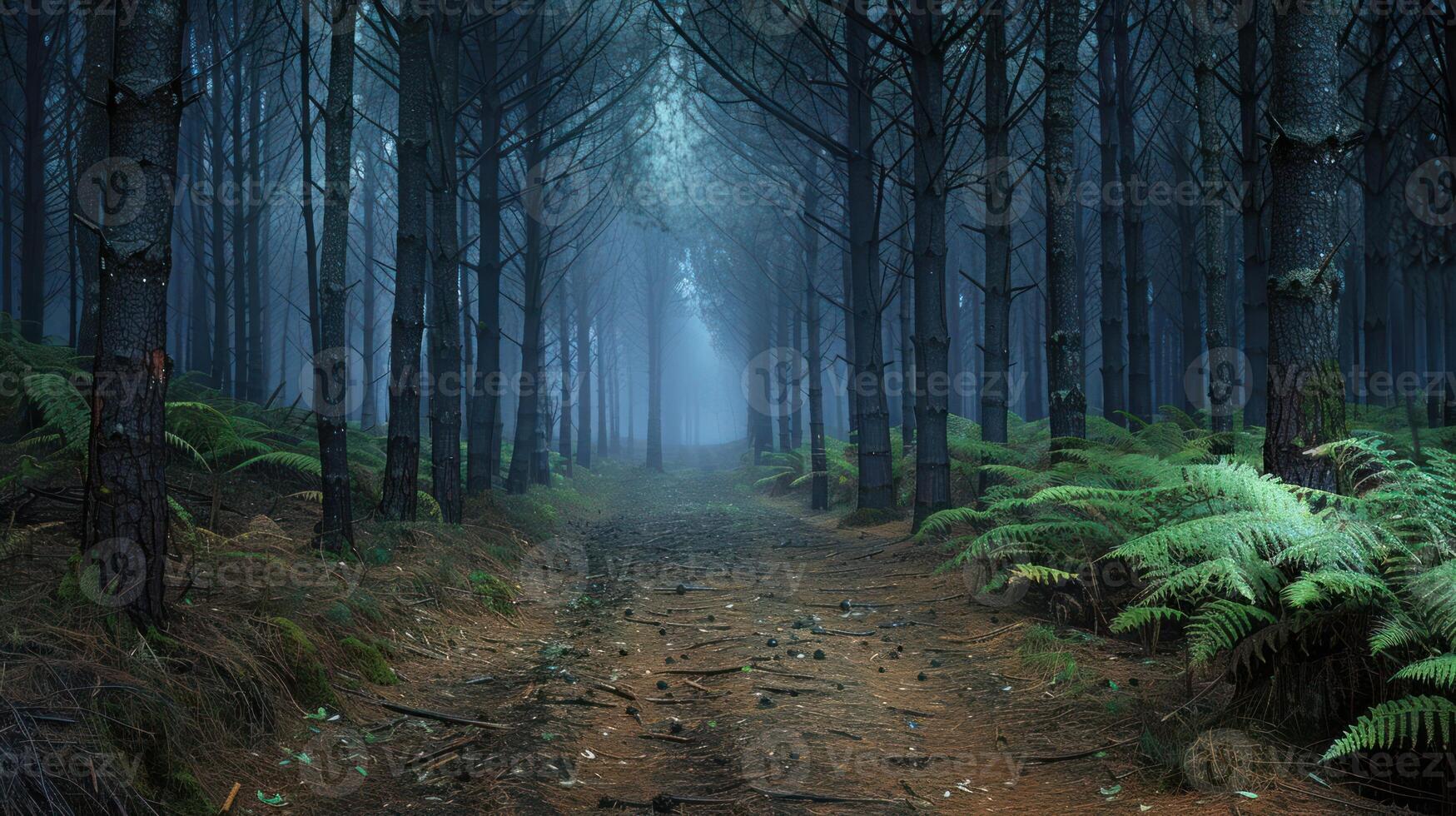A serene forest path surrounded by tall trees and ferns, evoking tranquility and nature. photo