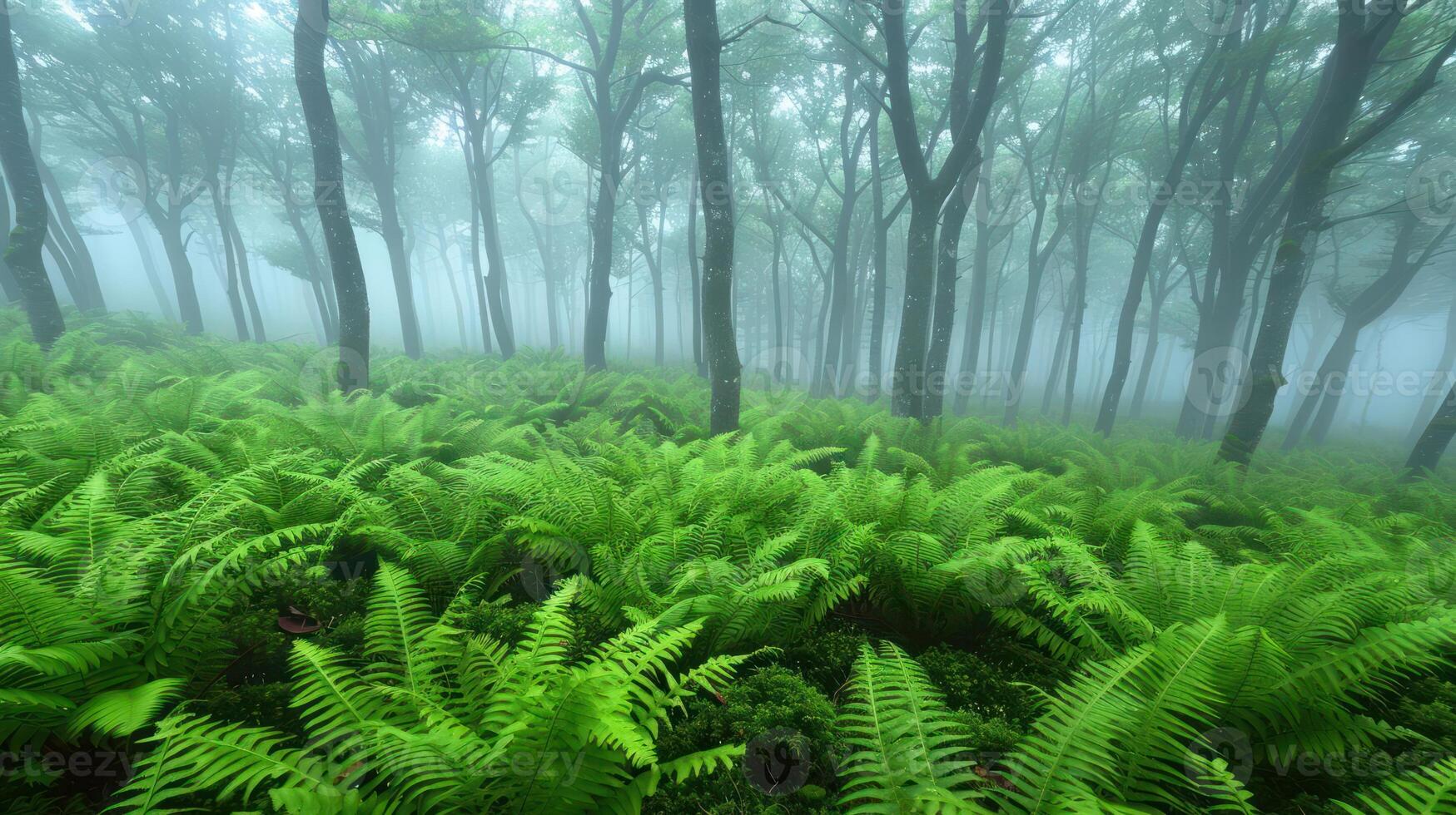 Lush green ferns in a misty forest create a serene and tranquil atmosphere. photo