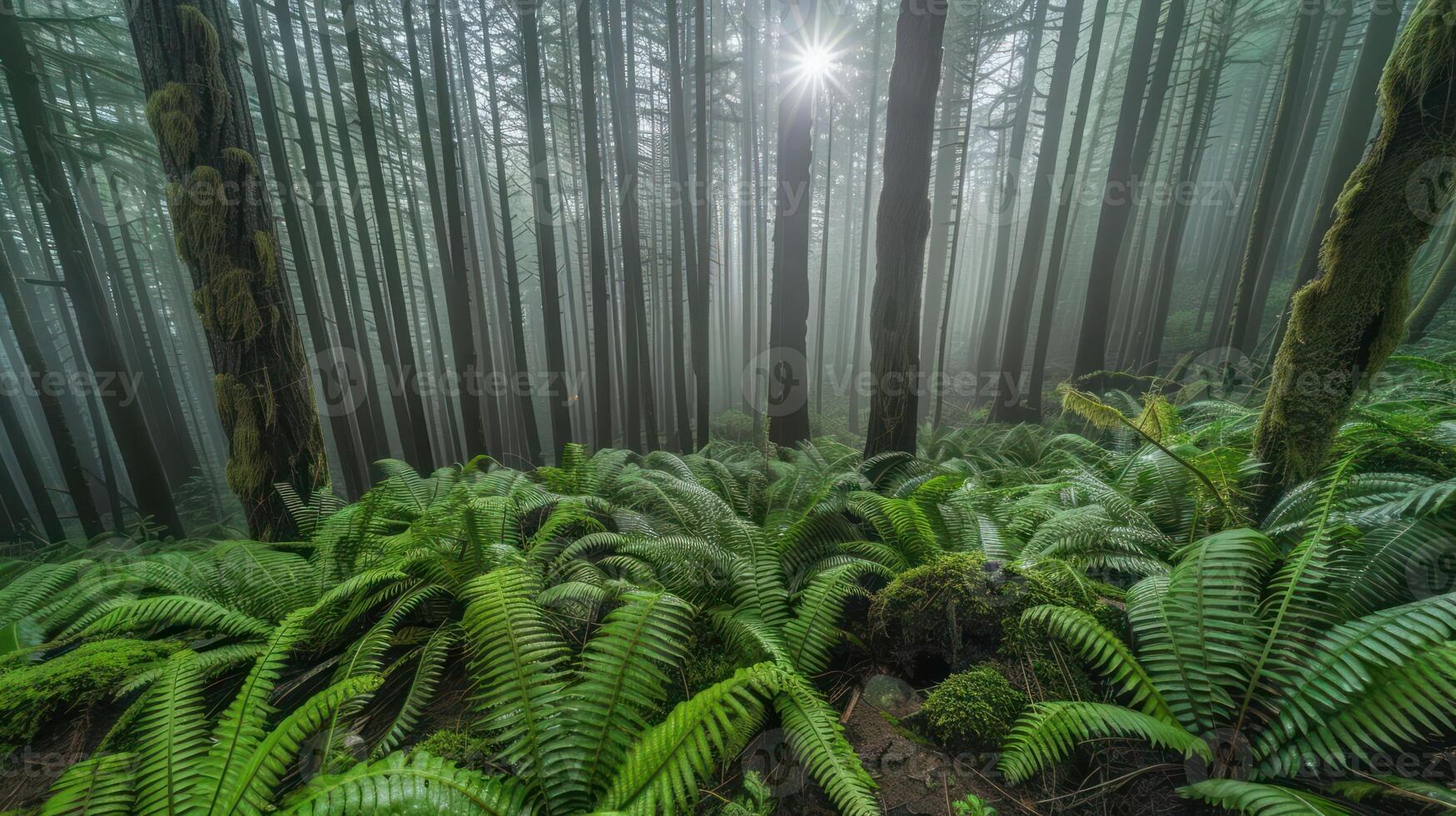 A serene forest scene with ferns and mist, illuminated by sunlight through trees. photo