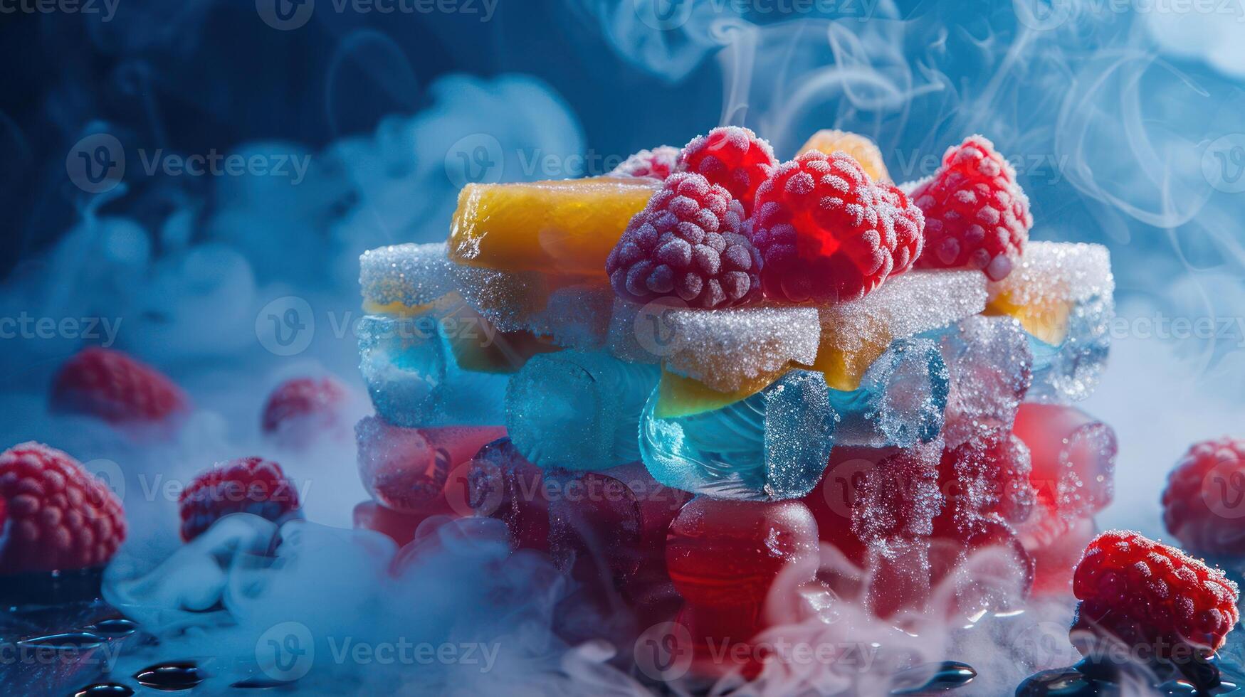 A colorful dessert stack with raspberries and jelly, surrounded by mist for a dramatic effect. photo