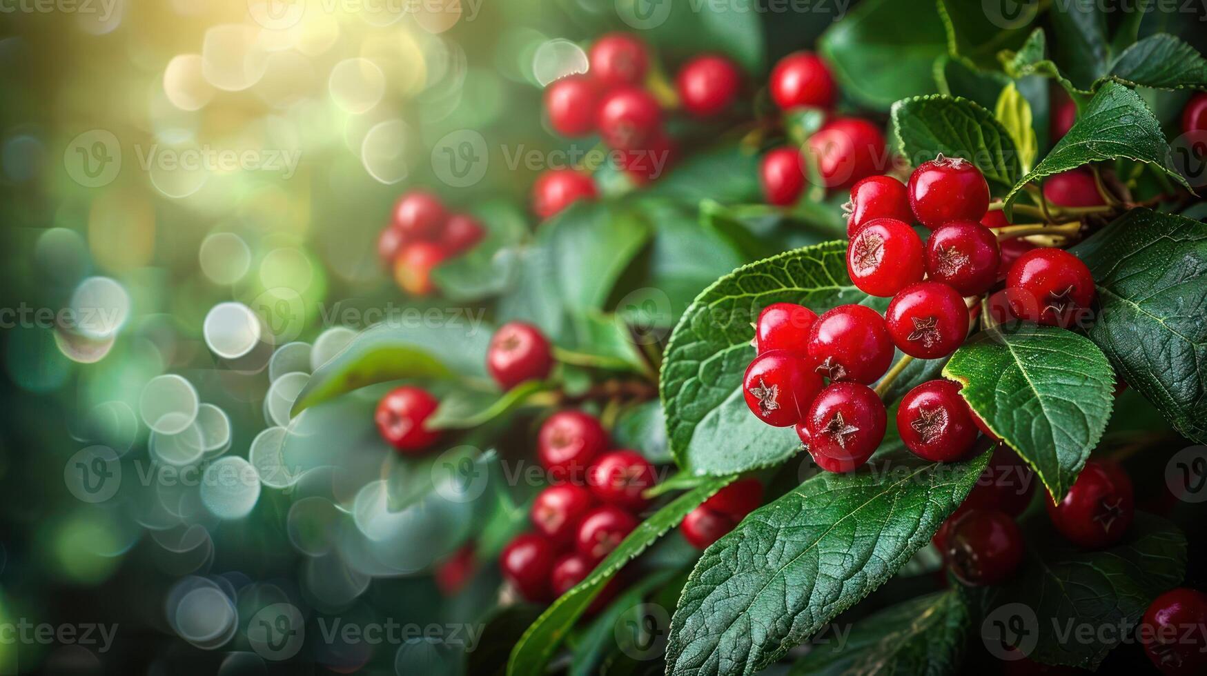 A close-up of vibrant red berries on lush green leaves, illuminated by soft light. photo
